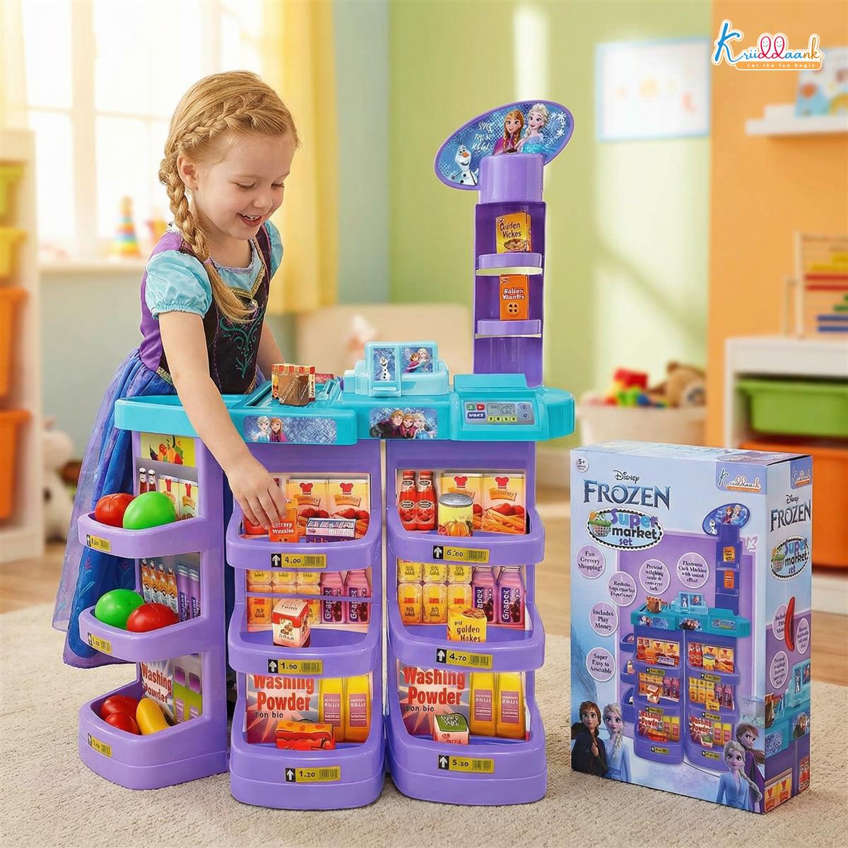Frozen Supermarket Set for Kids - Grocery Store Playset with Electronic Cash Register, Scanner, Sound & Music, 20 Accessories | Elsa & Anna Disney Theme Toy for Kids Ages 5+ (Turkish Blue)