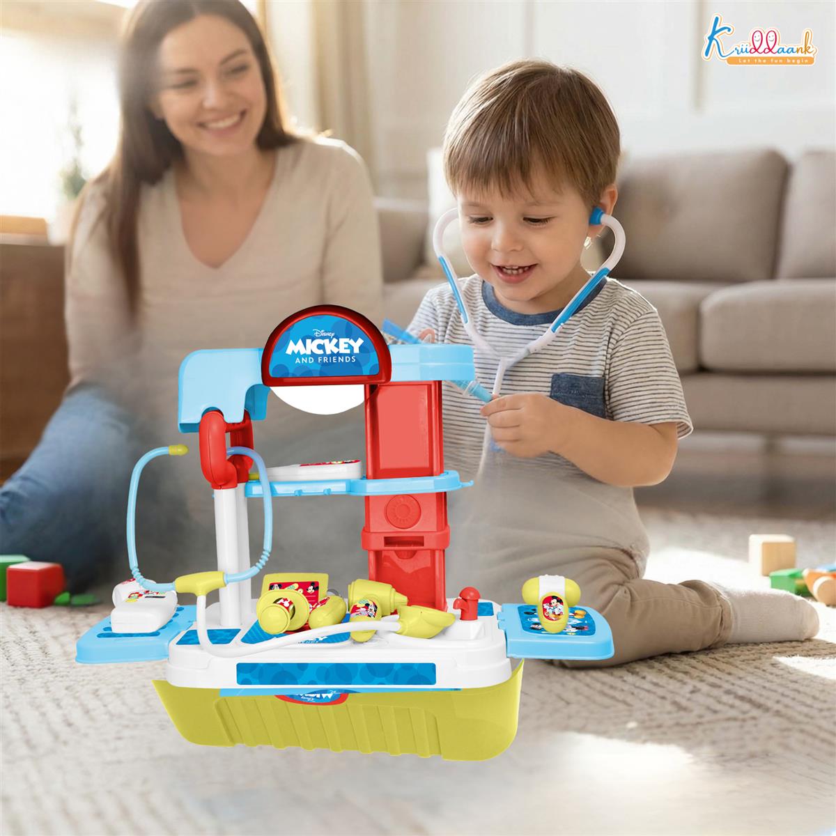 Kriiddaank Mickey Disney Doctor Set for Kids - 9 Pcs Medical Kit Trolley Toy with Lights, Educational Pretend Play for Boys & Girls Age 3+, Portable Role Play Doctor Kit Gift (Red)