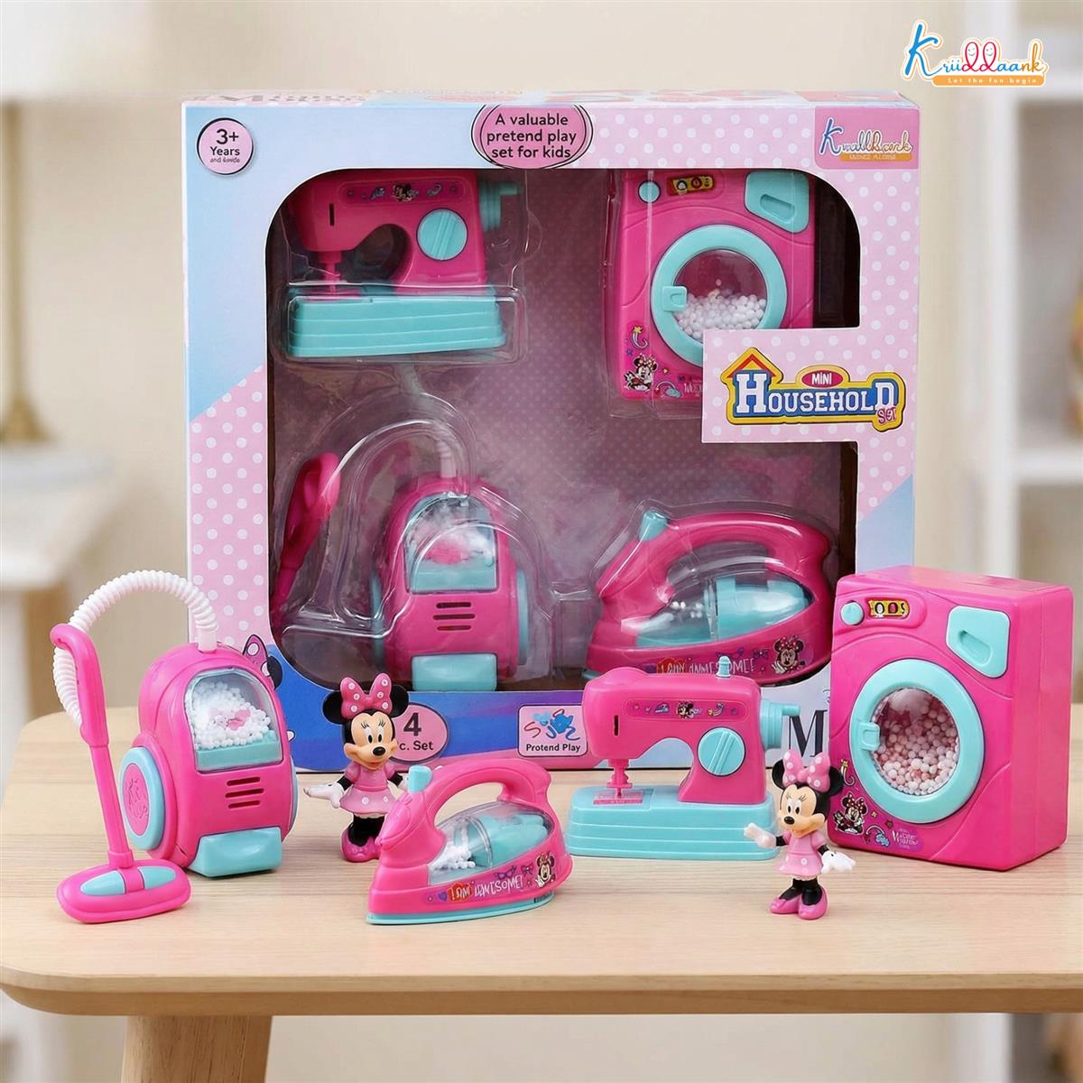 Minnie Mouse Theme Household Role Play Set (4-Piece) - Toy Washing Machine, Vacuum Cleaner, Iron & Hair Dryer with Lights - Educational Pretend Play Gift for Girls 3+ Years Old