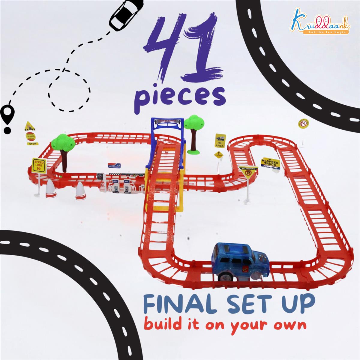 Spiderman Mini Track Set (41 Pcs) - Battery Operated Racing Car Track with Bridges, Roadway Signs & Traffic Cones | DIY Race Adventure Toy for Kids 3+ Years | Engaging & Educational Play Set