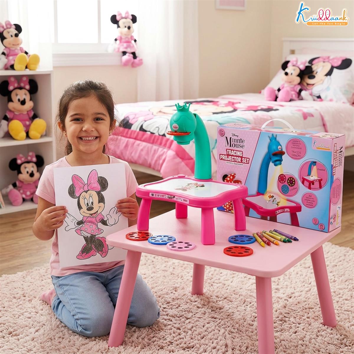 Kriiddaank Minnie Mouse Tracing Projector Set for Kids - Drawing Projector with 24 Patterns, 3 Stencil Slides, Markers & Paper - Creative Art & Craft Educational Toy for Girls Ages 3+ (Pink)