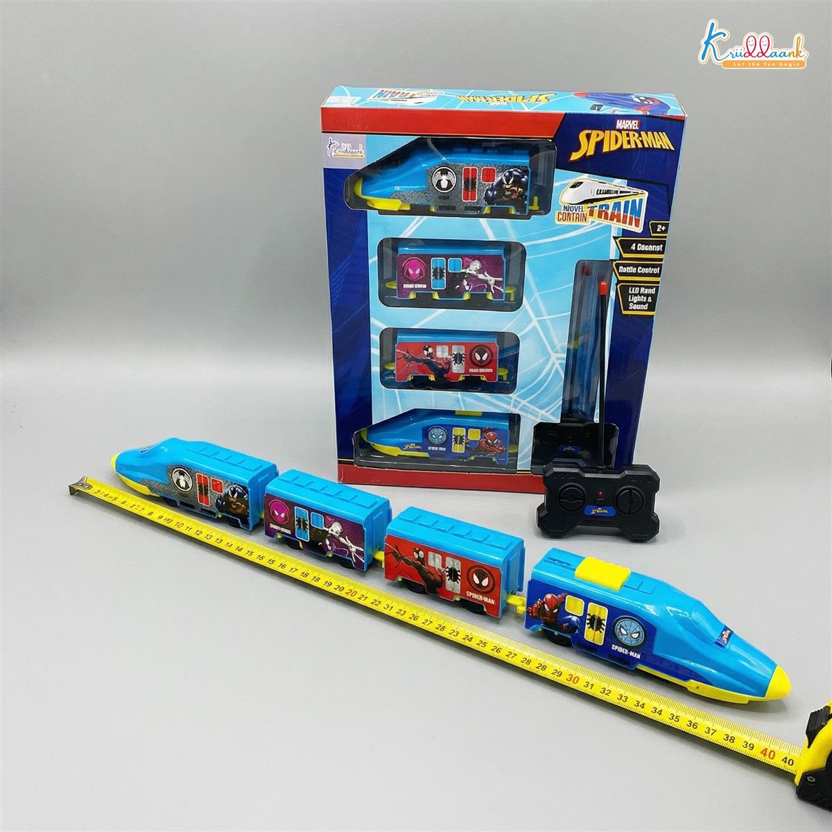 Kriiddaank Spiderman Theme RC Train Toy for Kids, Remote Control Rechargeable EMU Express Train with LED Lights & Realistic Sounds, Superhero Railway Toy for Boys & Girls (Blue)