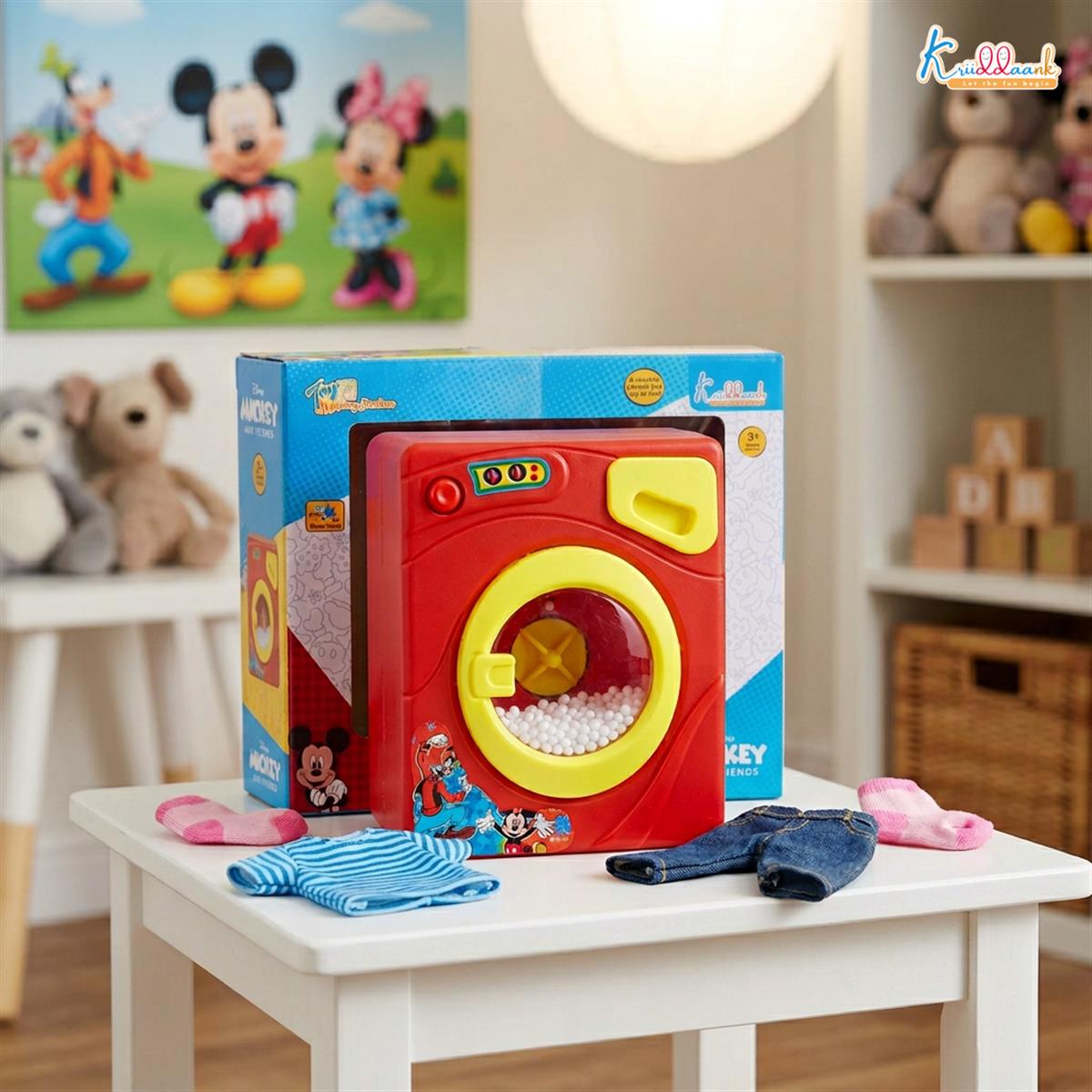 Mickey Family Interactive Mini Washing Machine Toy for Toddlers - Battery Operated Home Appliance with Realistic Sounds & Motion - Disney Mickey Pretend Play Laundry Set for Kids Ages 3+