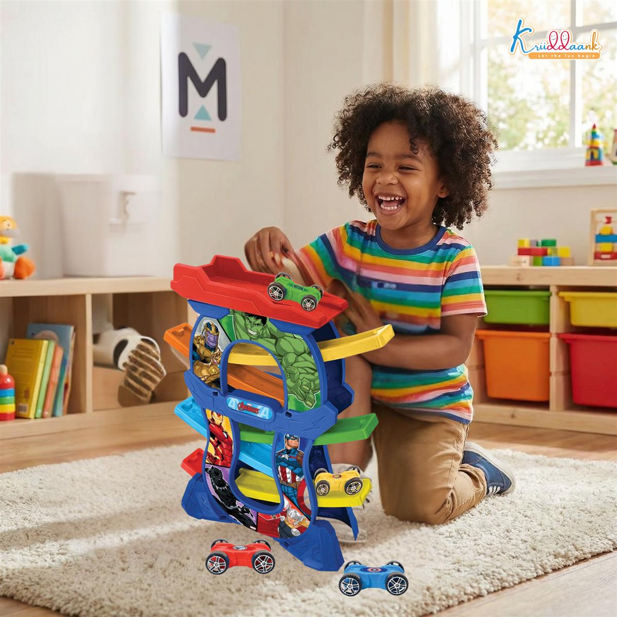 Avengers Zig Zag Zoomer Ramp Racer Car Track for Toddlers - 6-Level Lever Racing Set with 4 Mini Vehicles - 15 Piece Superhero Toy for Kids 3+ Years - Non-Toxic, Educational & Fun Development Toy