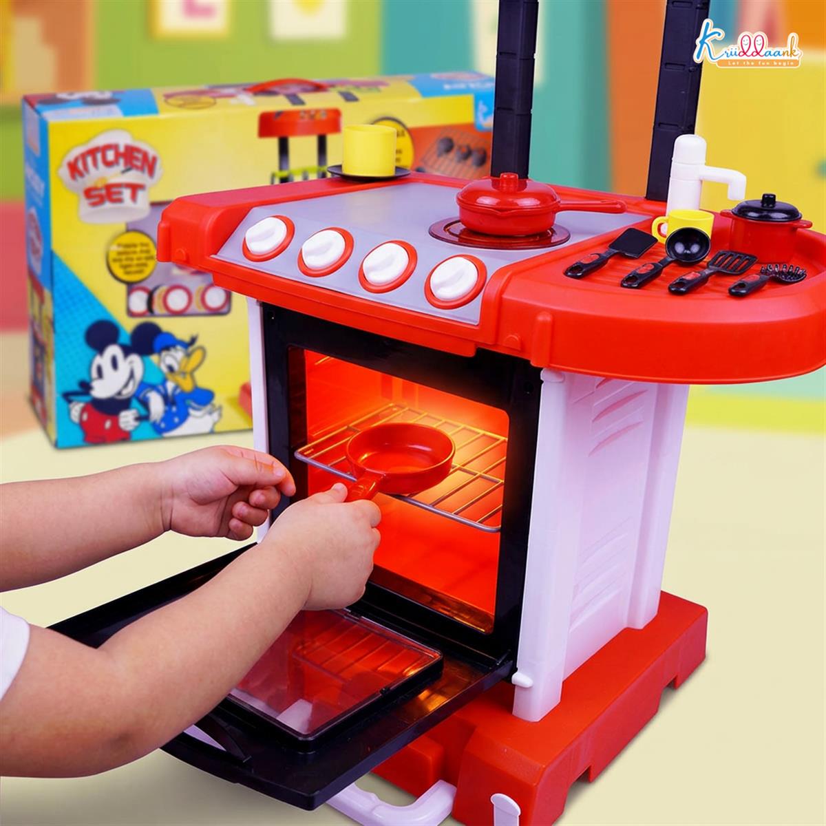 Kriiddaank Mickey Mouse Themed Kitchen Set for Kids - Portable Disney Pretend Play Cooking Toy with Oven, Gas Stove, Sink, Lights & Sound - Includes 18 Accessories - Ideal Gift for Ages 3+