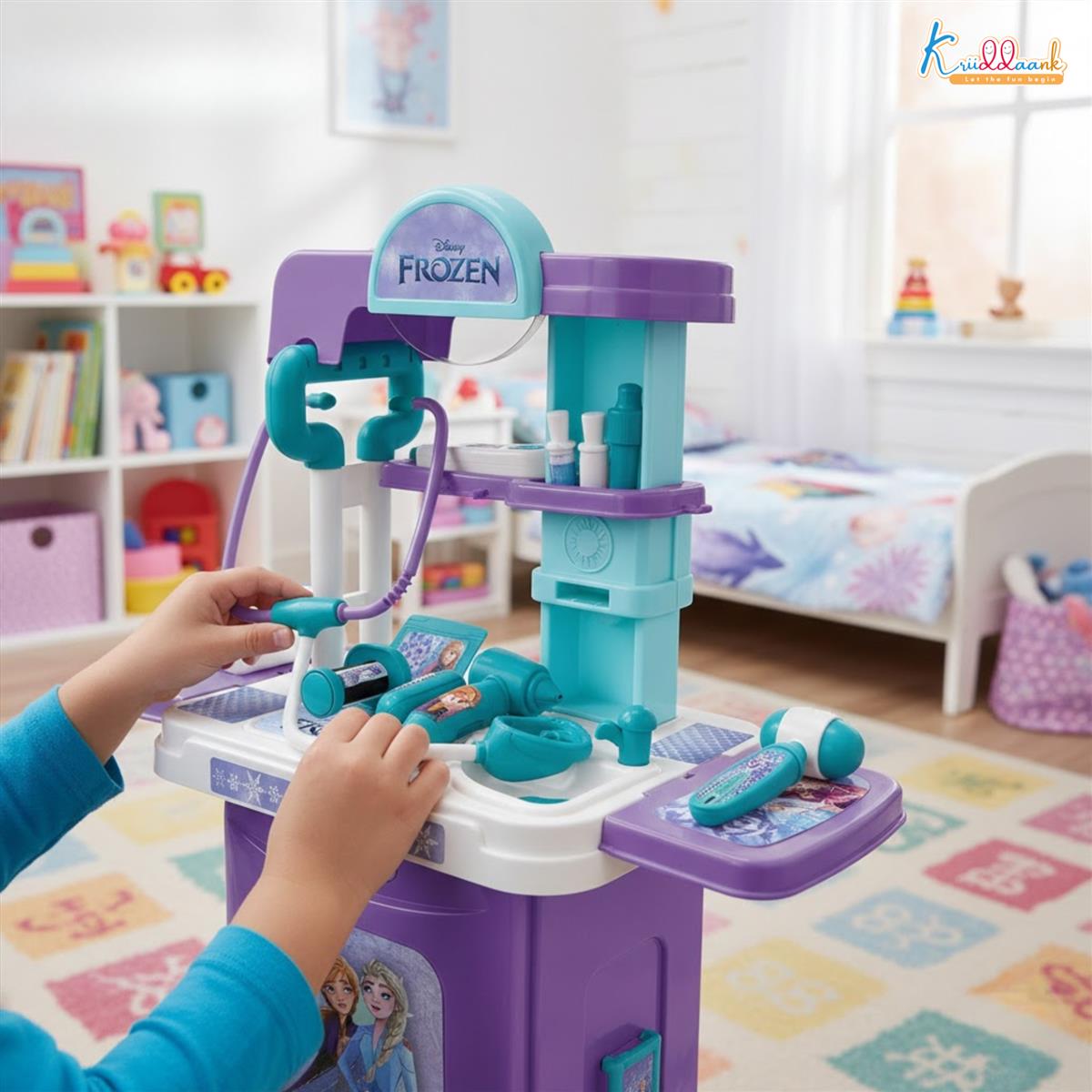 Kriiddaank Frozen Theme Doctor Set for Kids - Elsa & Anna Portable Medical Trolley Playset with Lights - Educational First Aid Kit Toy for Girls 3+ Years - Perfect Birthday Gift, Turkish Blue