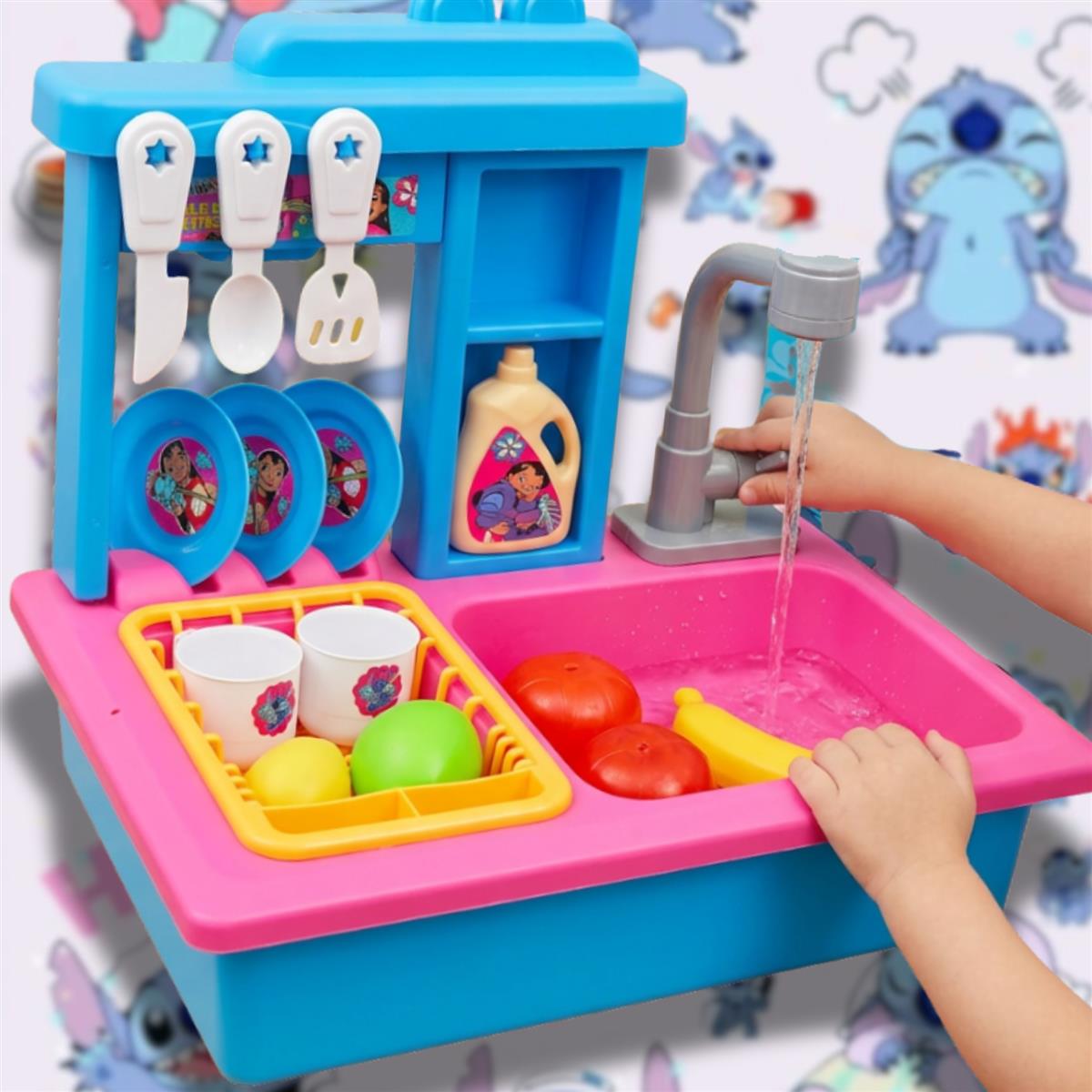 Stitch Toy Kitchen Sink Playset with Electric Faucet & Running Water - 22 Pcs Pretend Play Dish Washing Set for Kids, Kitchen Accessories, Realistic Role Play Toy for Boys & Girls 3+ Years