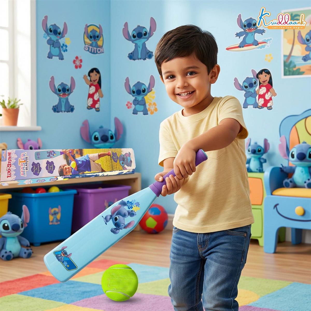 Kriiddaank Stitch Master Blaster Cricket Bat & Ball Set - Stitch Theme Lightweight Plastic Bat with Graphics for Kids, Boys & Girls Aged 3+ Years - Perfect for Indoor & Outdoor Play