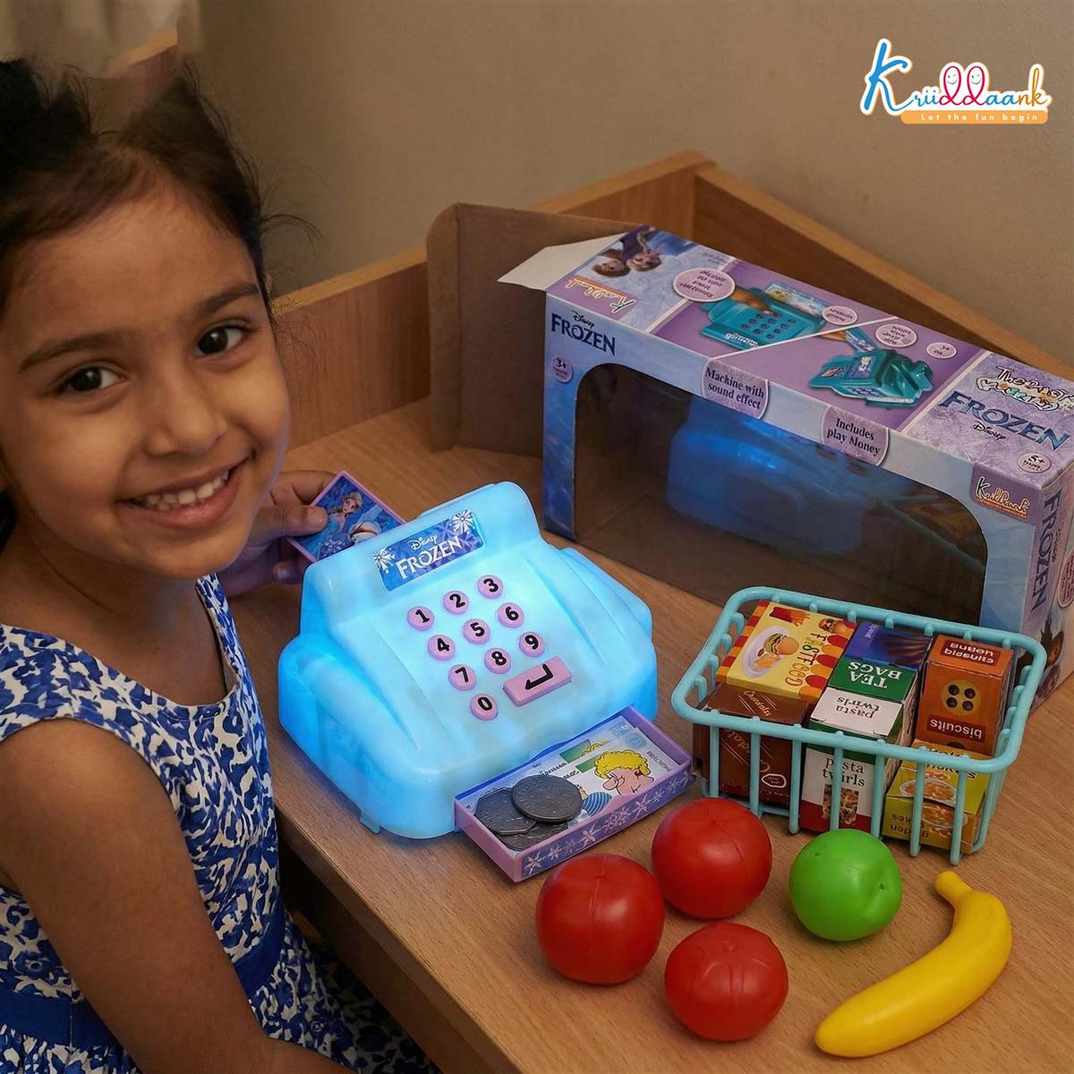 Disney Frozen Cash Register for Kids - 29 Pcs Pretend Play Set with Credit Card Scanner, Music & Sound Effects - Educational Math & Money Learning Toy for Girls & Boys 3+ Years - Turkish Blue