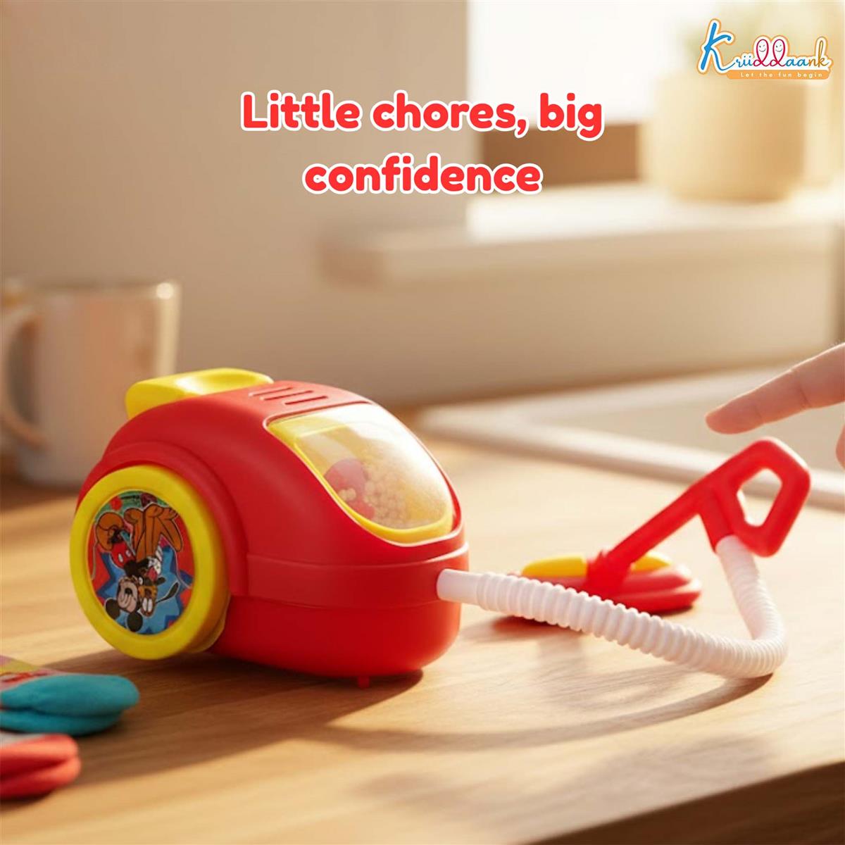 Mickey Theme Mini Vacuum Cleaner for Kids - Educational Pretend Play Toy with Realistic Vibration & Lights - Fun Housekeeping Learning Toy for Toddlers & Disney Fans, 3+ Years (Red)