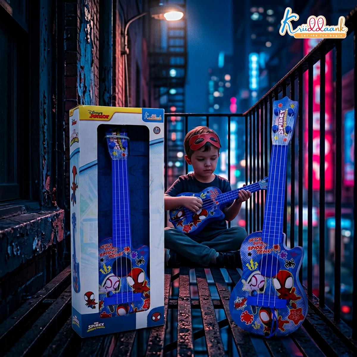 Spiderman 4-String Small Toy Guitar for Kids (3+ Years) - Adjustable String Tension, Fingerstyle Tab & Pick | Educational Musical Instrument for Boys | Portable & Safe Design, Blue