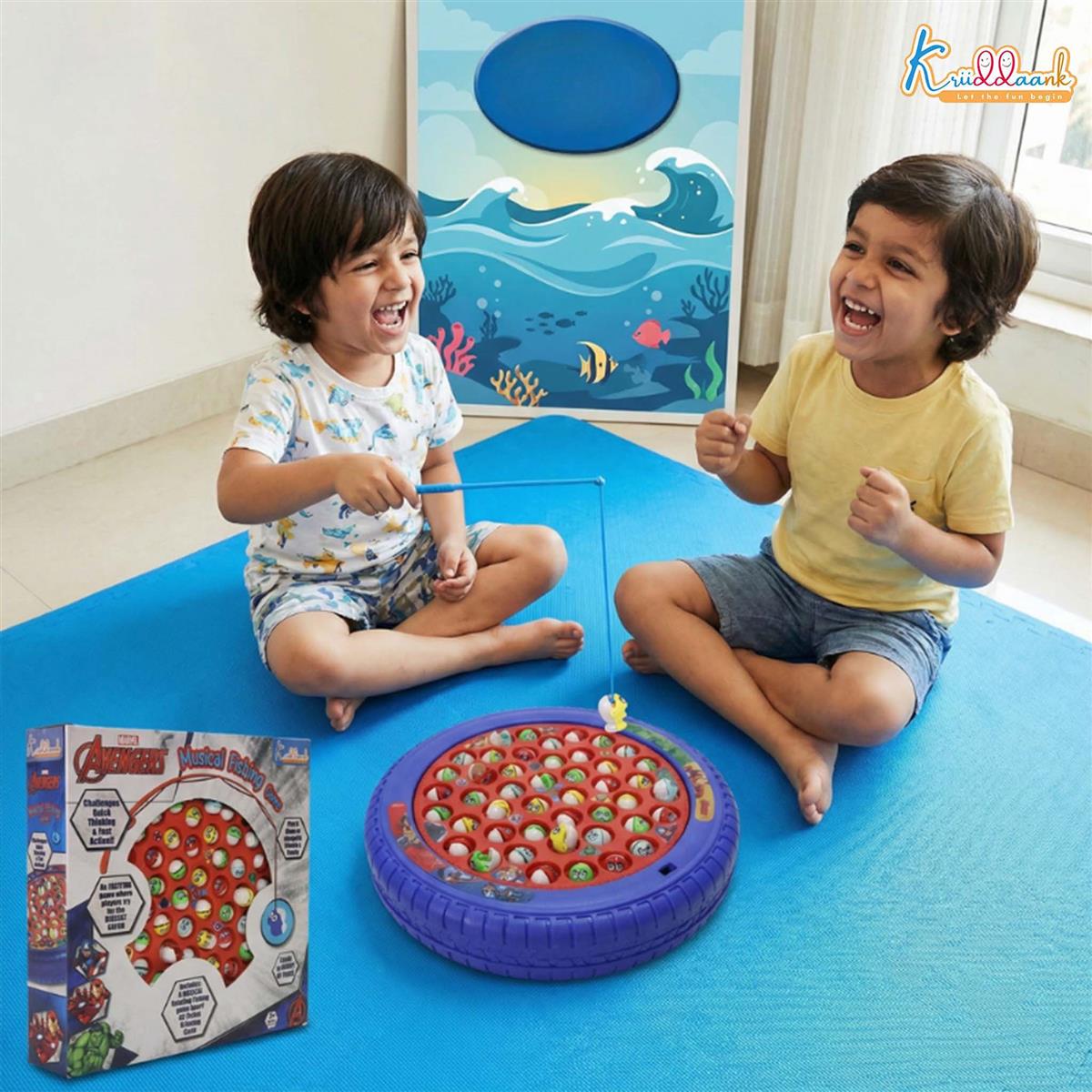 Avengers Musical Fishing Game for Kids - Electronic Rotating Board with 45 Fishes & 4 Poles, Battery Operated Interactive Educational Toy for Boys & Girls Age 3+ Years (Red Ocean Theme)