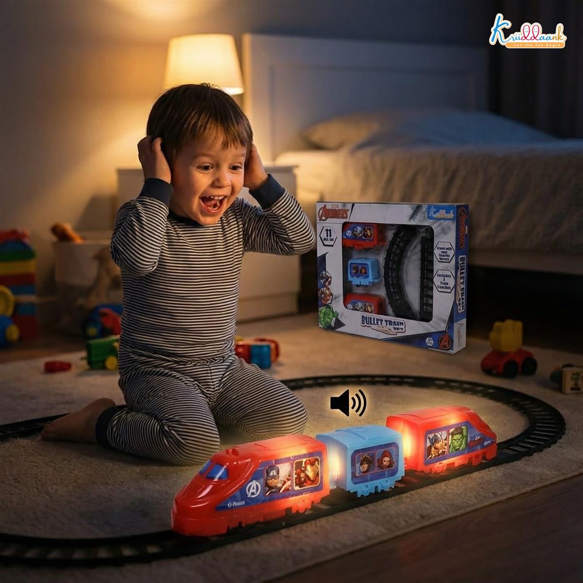 Kriiddaank Marvel Avengers Bullet Train Set for Kids - 11 Pcs Interactive Playset with Iron Man & Captain America, Battery Operated Toy with Sounds & Easy-to-Assemble Tracks, Age 3+