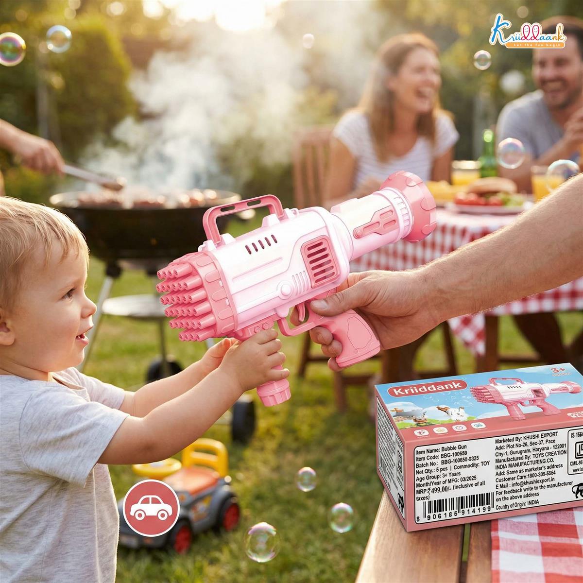Kriiddank Automatic 36-Hole Bubble Gun Blaster for Kids | Musical Battery Operated Bubble Blower Machine with Solution & Tray | Fun Outdoor Summer Toy & Birthday Gift for Boys & Girls 3+ Years