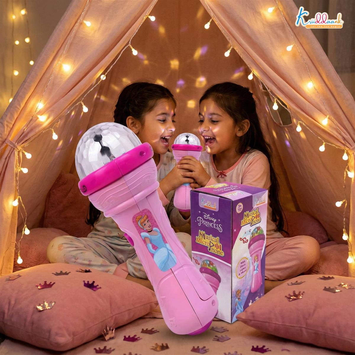 Kriiddaank Disney Princess Musical Microphone for Kids - Pink Karaoke Singing Mic with Rotating Disco Lights & Projector, Interactive Sound Toy for Girls 3+ Years, Ideal Birthday Gift