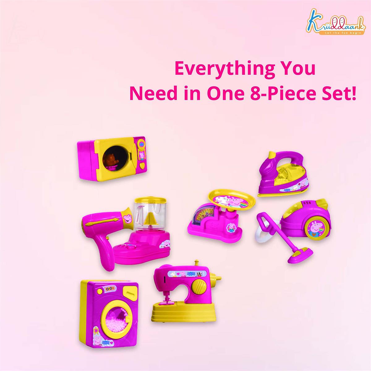 Hasbro Peppa Pig 8-Piece Household Role Play Set - Mini Home Appliances Kit with Toy Washer, Vacuum & More - Educational Pretend Play Toy for Kids Ages 3+ (Pink/Multicolor)