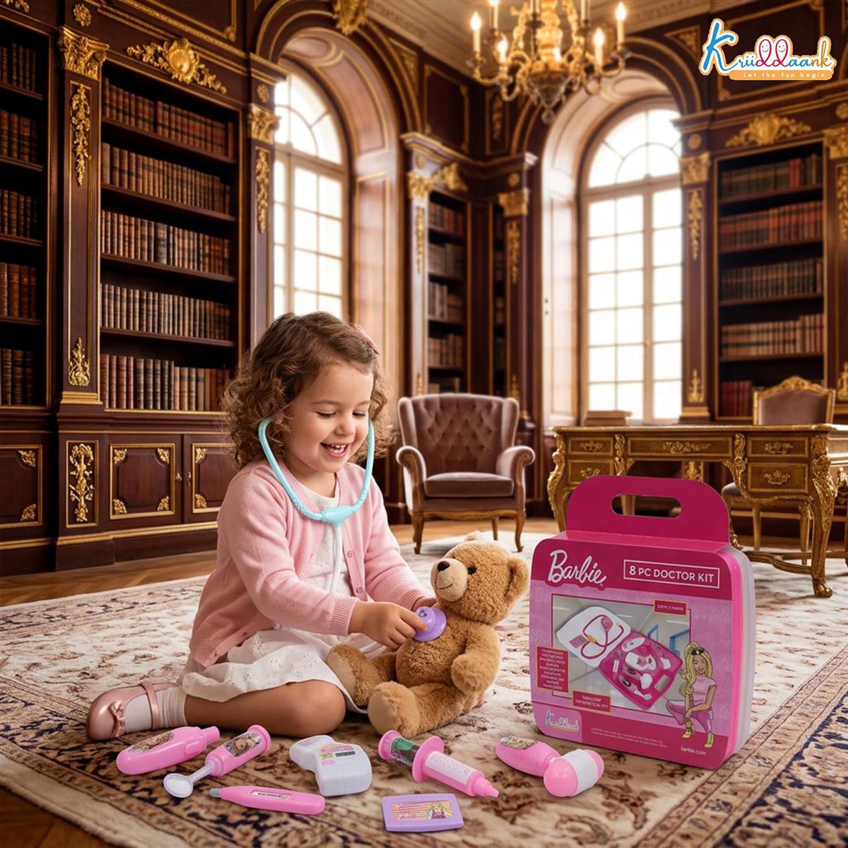 Barbie 8-Piece Doctor Set for Kids 3+ Years, Pink Medical Play Kit with Lights & Realistic Heartbeat Sounds, Non-Toxic Pretend Play Educational Toy Gift for Girls