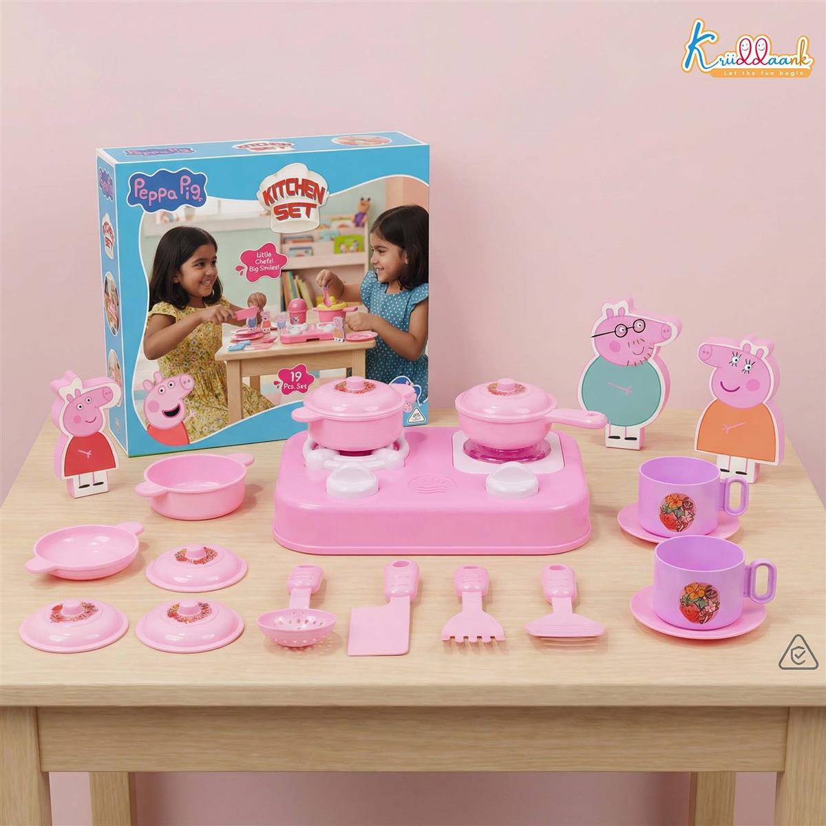 Kriiddaank Peppa Pig Inspired Kitchen Set with 2D Family Figures - 19 Pcs Pretend Play Toy for Kids Ages 3+ | Includes Peppa, George, Mummy & Daddy Pig | Battery Operated Lights, Multicolor