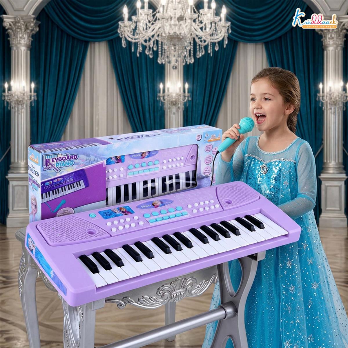 Frozen Keyboard Piano for Kids - Elsa & Anna Theme Musical Toy with Microphone & USB Cable, 8 Rhythms & 8 Instrument Sounds, Educational Learning Toy for Boys & Girls 3+ Years (Turkish Blue)