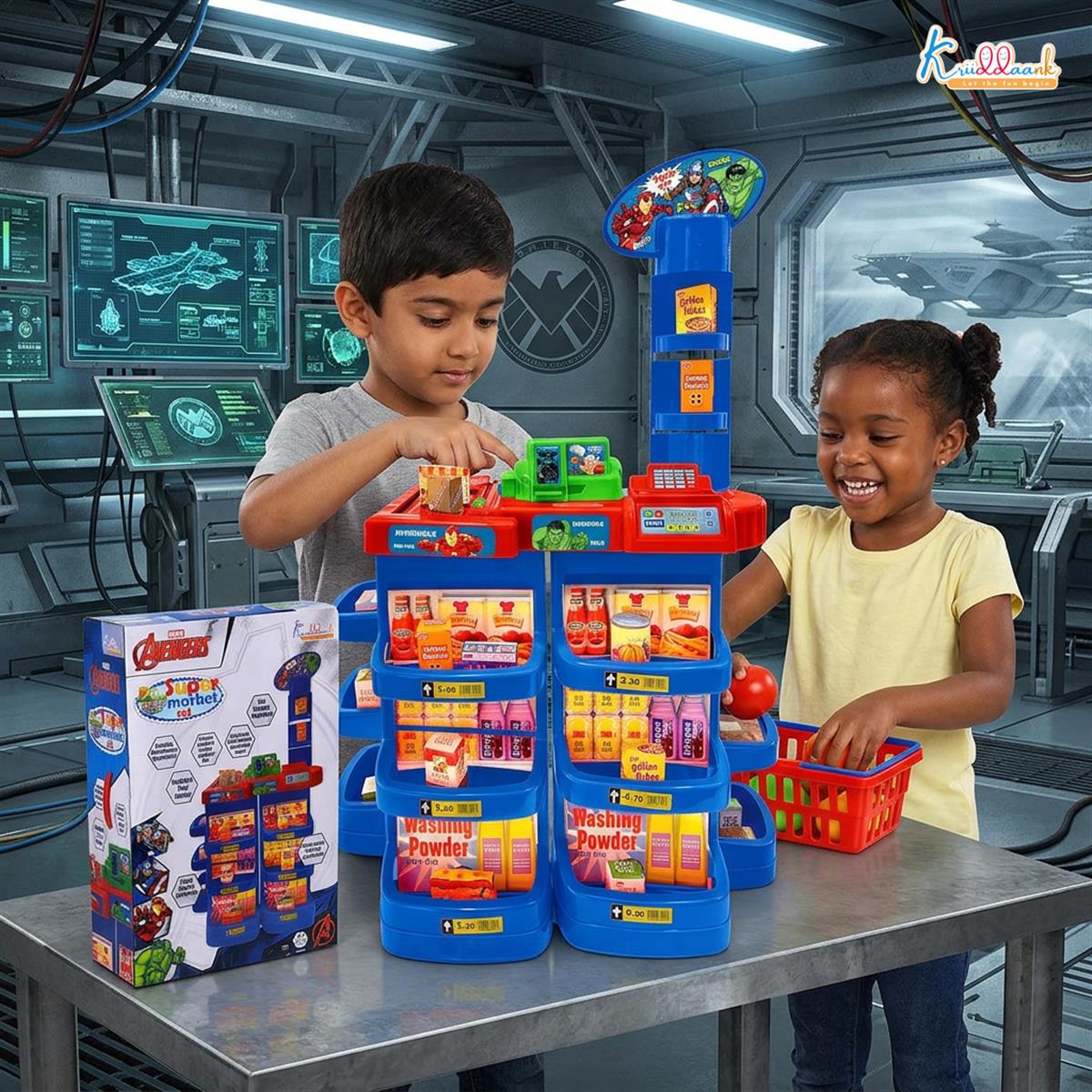 Marvel Avengers Supermarket Play Set for Kids - Electronic Cash Register with Sound, Checkout Counter, Shopping Cart & 20 Accessories | Realistic Grocery Role Play Toy for Kids Ages 5+