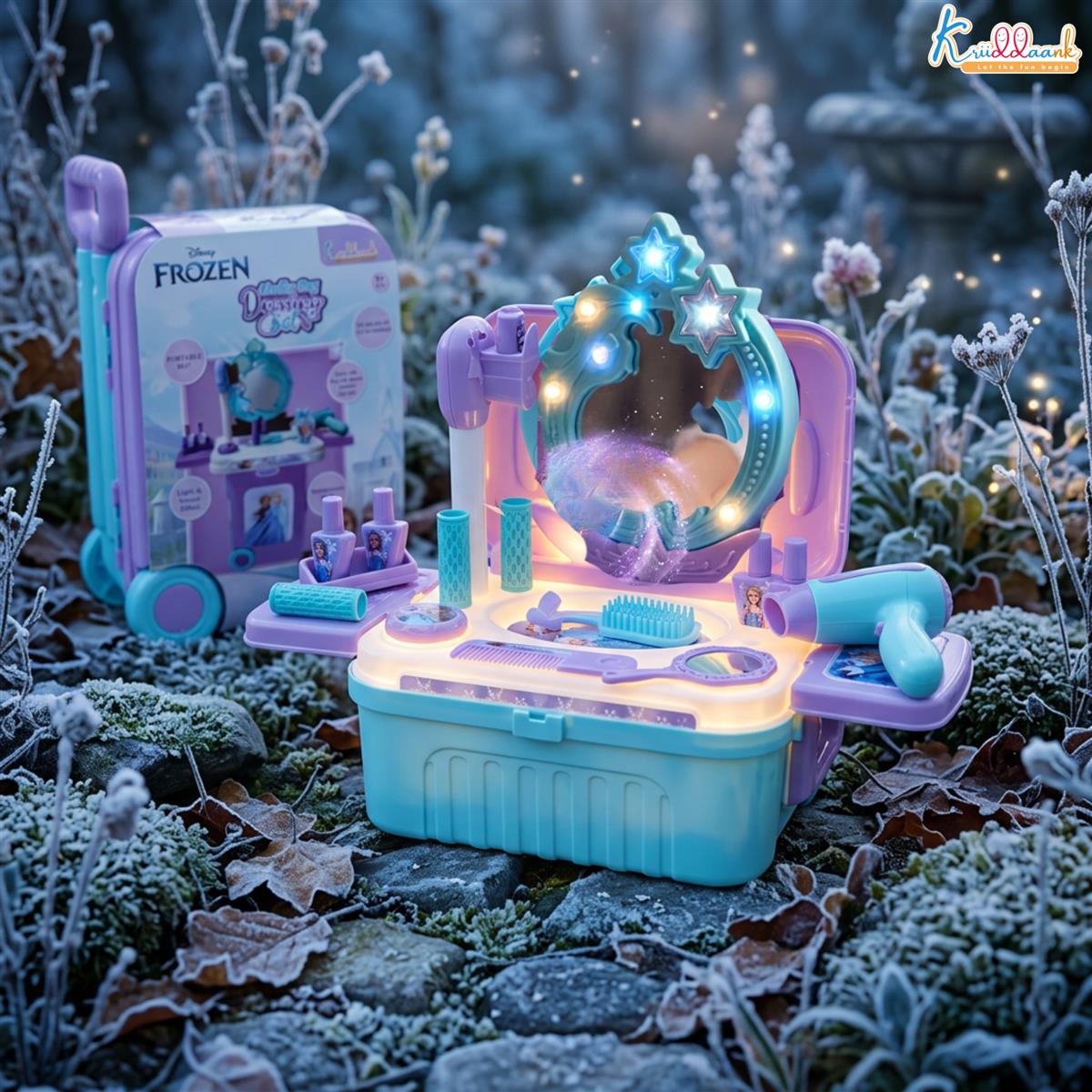 Kriiddaank Frozen Dressing Set for Girls - Elsa & Anna Pretend Play Beauty Makeup Kit with Trolley, Lights & Music, 15 Pcs Educational Styling Toy for Kids Age 3+, Turkish Blue