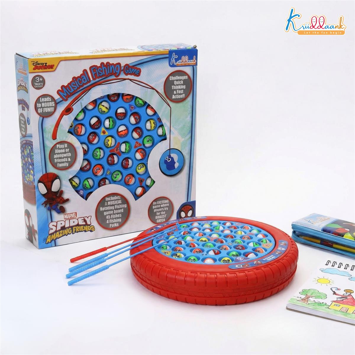 Kriiddaank Spiderman Theme Musical Rotating Fishing Game for Kids - Battery Operated Learning Toy with 45 Fishes & 4 Fishing Poles - Fun Interactive Educational Game for Boys & Girls, Age 3+