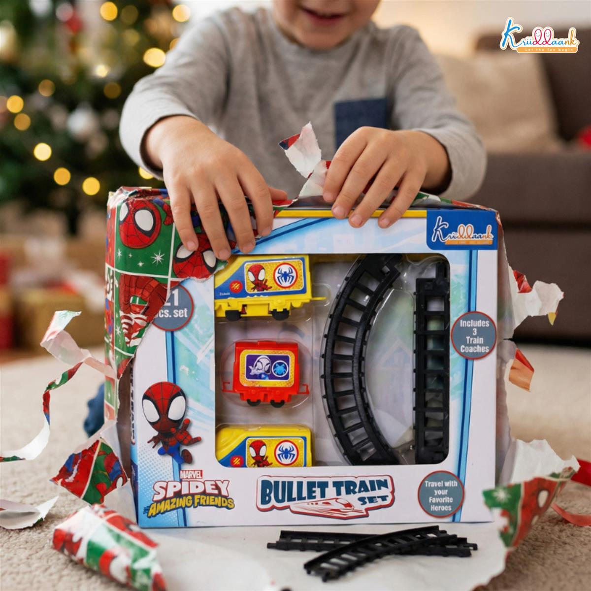 Kriiddaank Marvel Spiderman Train Set for Boys - 11 Piece Superhero Battery Operated Toy Train with Easy-to-Assemble Tracks & Sound Effects, Red & Blue Action Toy Gift for Kids (Ages 3+)