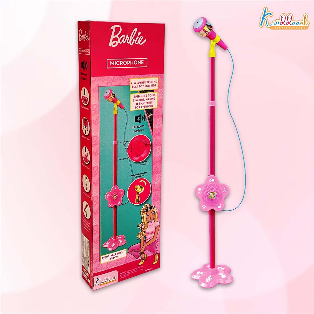 Mattel Barbie Theme Microphone - Portable Wireless Karaoke Mic with Adjustable Stand for Kids, Bluetooth & USB Connectivity, Interactive Musical Singing Toy for Girls 3+ Years, Pink