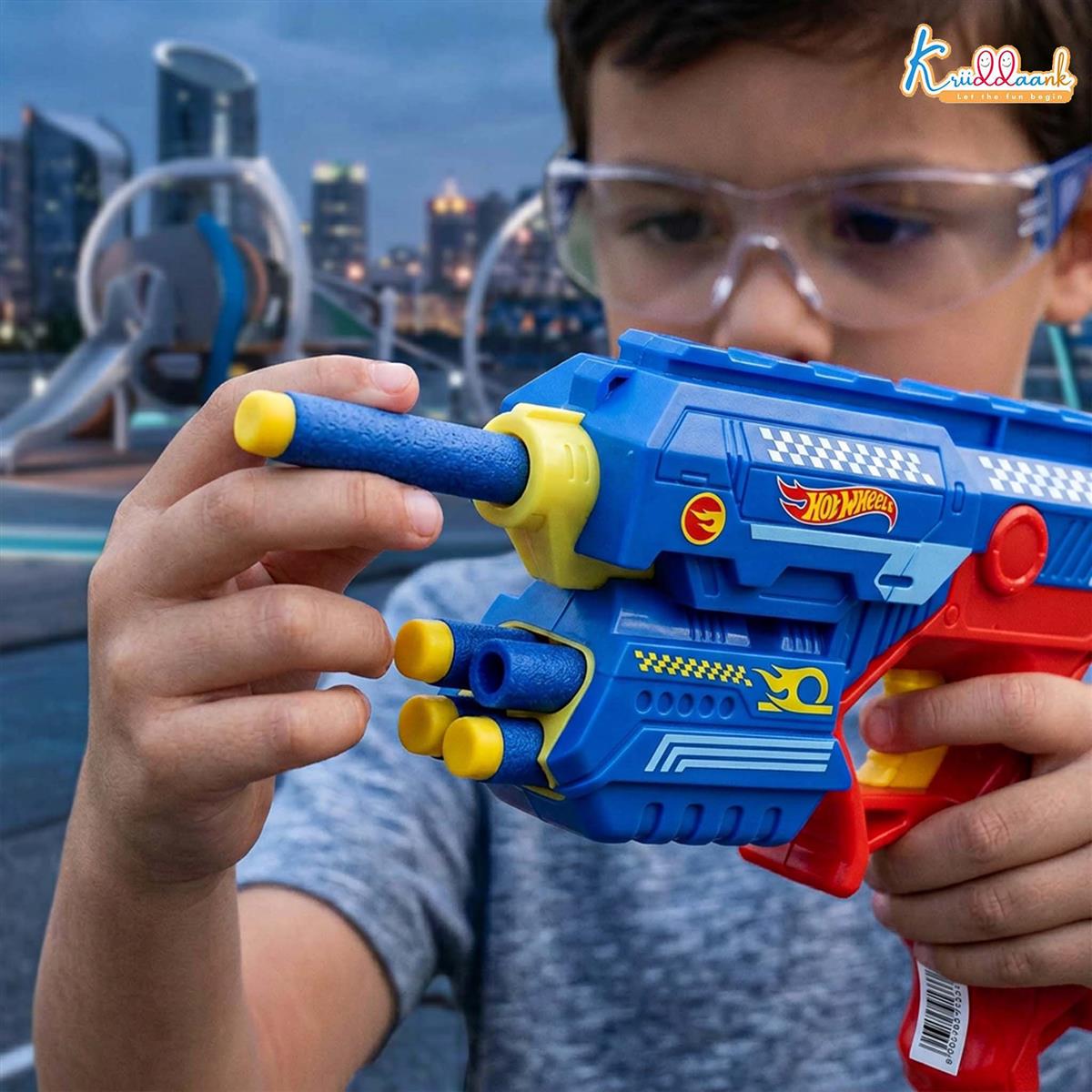 Hot Wheels Blaster Gun Toy for Kids - Soft Bullet Foam Blaster with 10 Darts, Target Board & Safety Glasses - Action Shooting Game Toy for Boys & Girls Age 4+ (Blue)