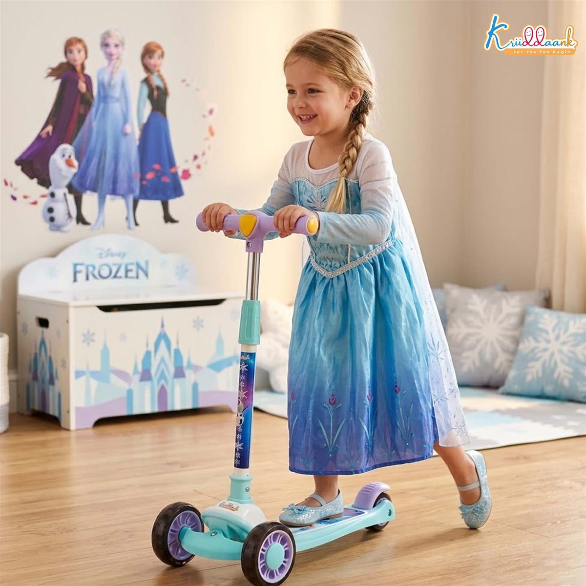 Kriiddaank Disney Frozen Adventure 3-Wheel Kick Scooter for Kids (3+ Years) - LED Light Up Wheels, Music, 3-Level Adjustable Height, Foldable Design, Anti-Slip Deck - 25kg Capacity, Turkish Blue
