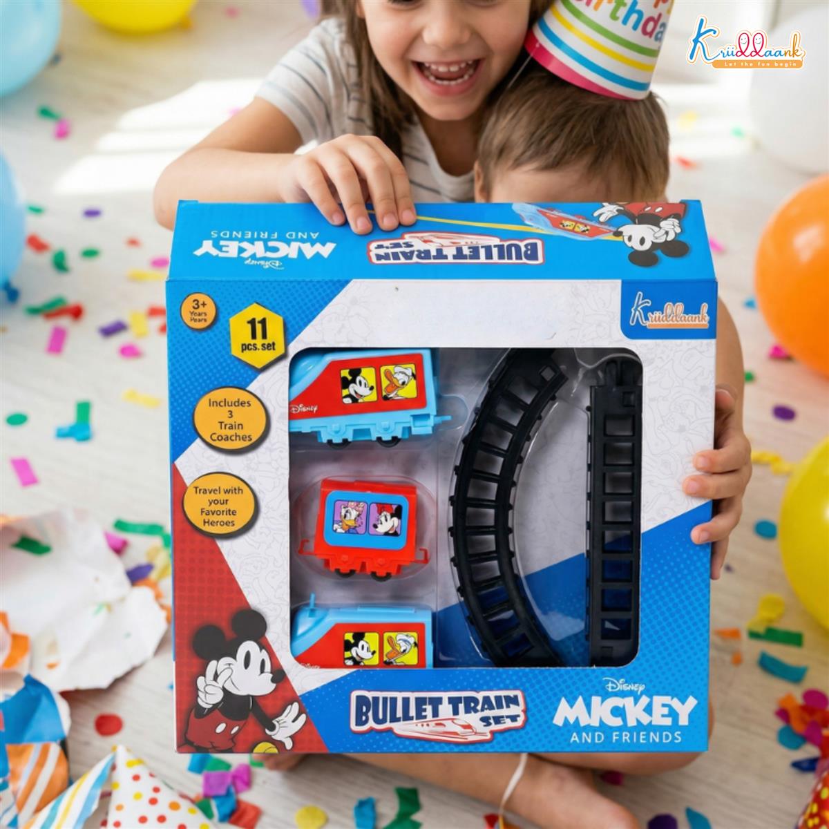 Kriiddaank Mickey Mouse Theme Train Set (11-Piece) - Battery Operated Classic Disney Train with Sound Effects for Kids 3+ - Educational Track Set Toy for Boys and Girls, Easy Assembly