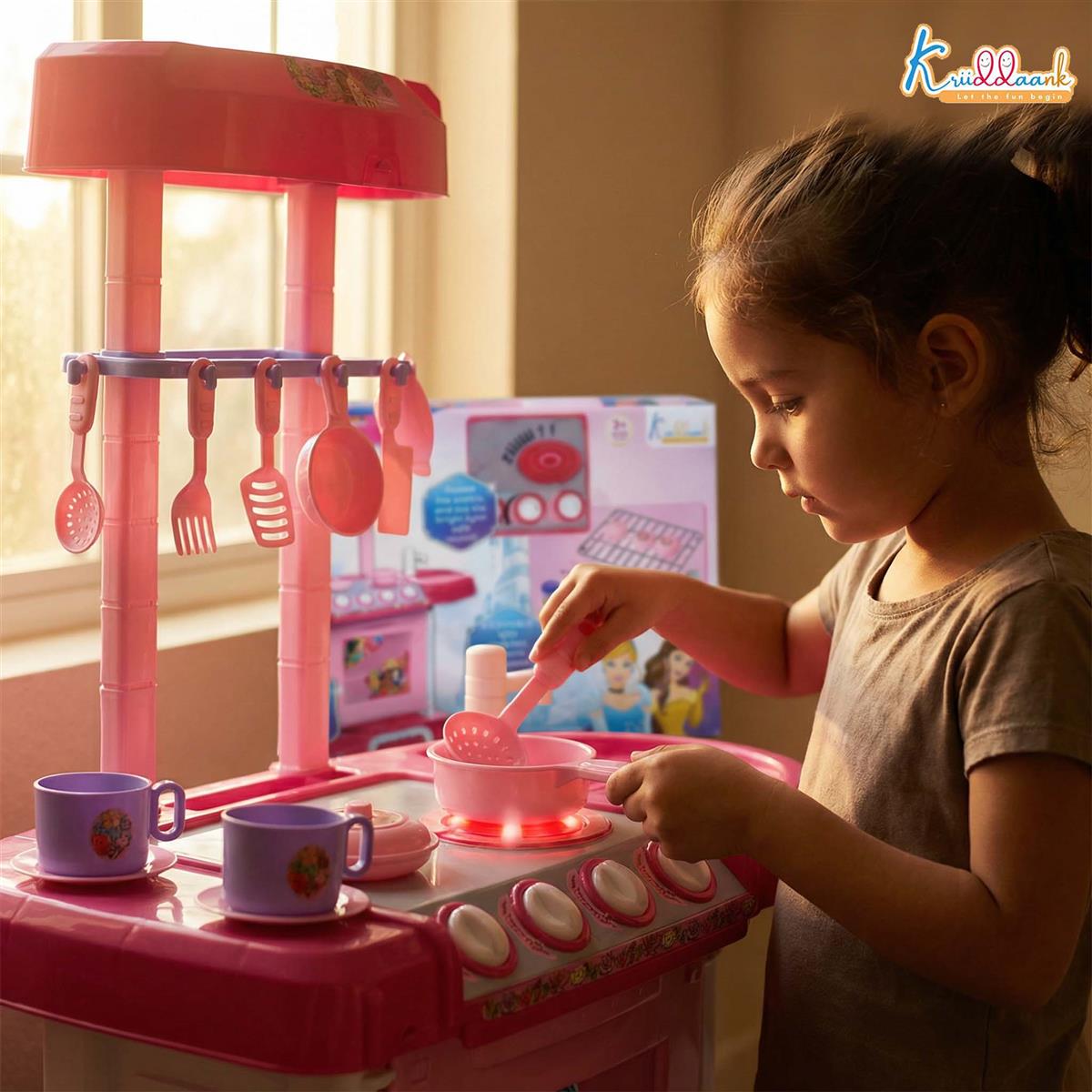 Disney Princess Theme Kitchen Set for Kids - Interactive Cooking Playset with Oven, Sink, Lights & Sounds - Pretend Play Chef Set with 18 Accessories - Pink Kitchen Toy for Girls 3+ Years