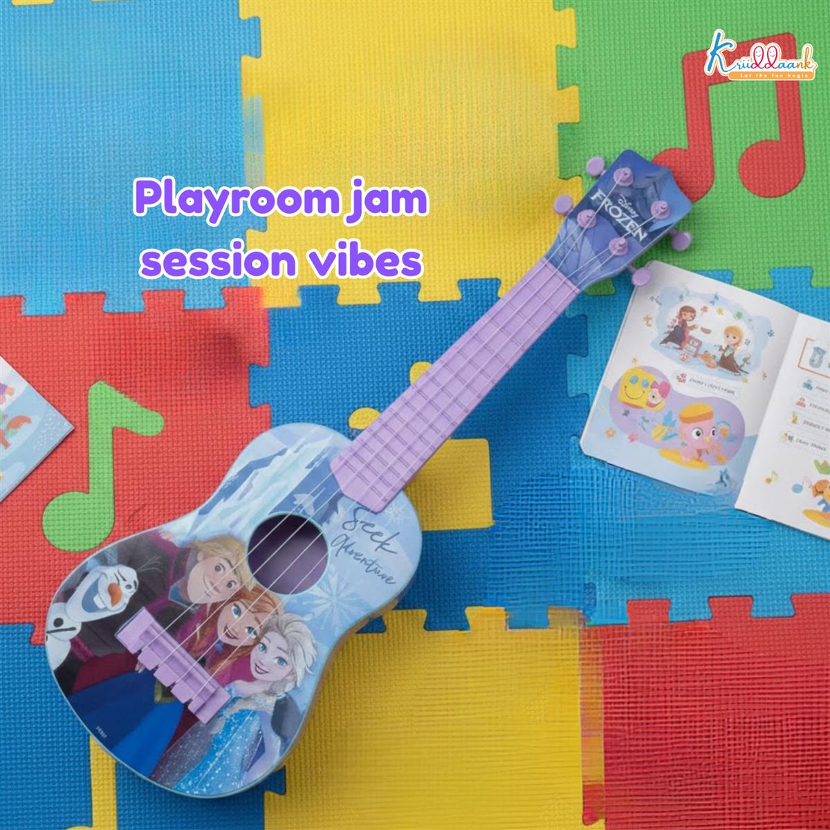 Frozen Elsa & Anna Big Toy Guitar for Girls - 4-String Adjustable Acoustic Musical Instrument with Pick - Lightweight & Portable Educational Toy for Kids Age 3+ Years, Turkish Blue
