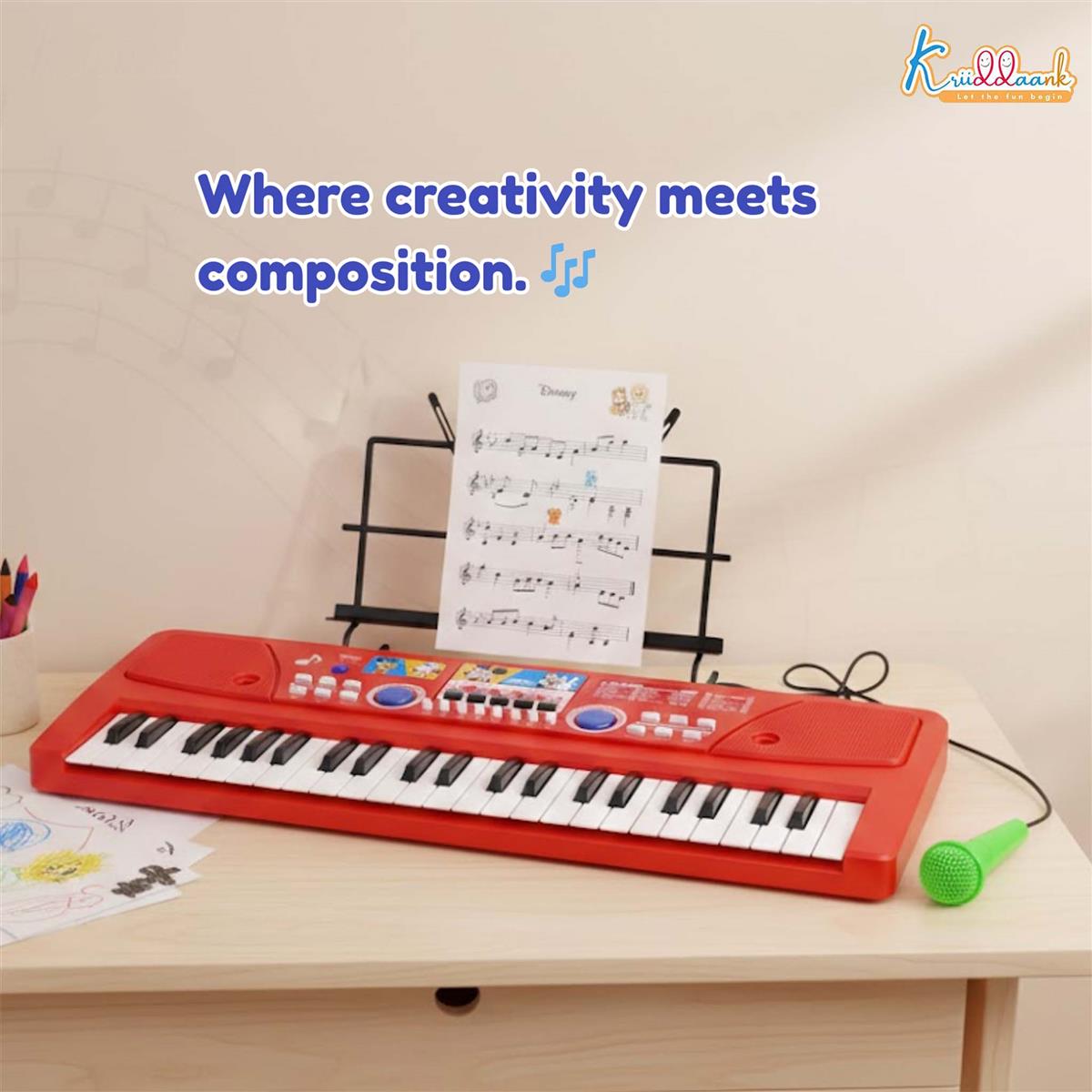Mickey Theme Kids Keyboard Piano with Microphone - 37 Keys, 8 Instrument Sounds, 16 Rhythms, Dual Power (USB/Battery), Educational Musical Toy for Toddlers Boys Girls Age 3+ - Red KD-500-MK