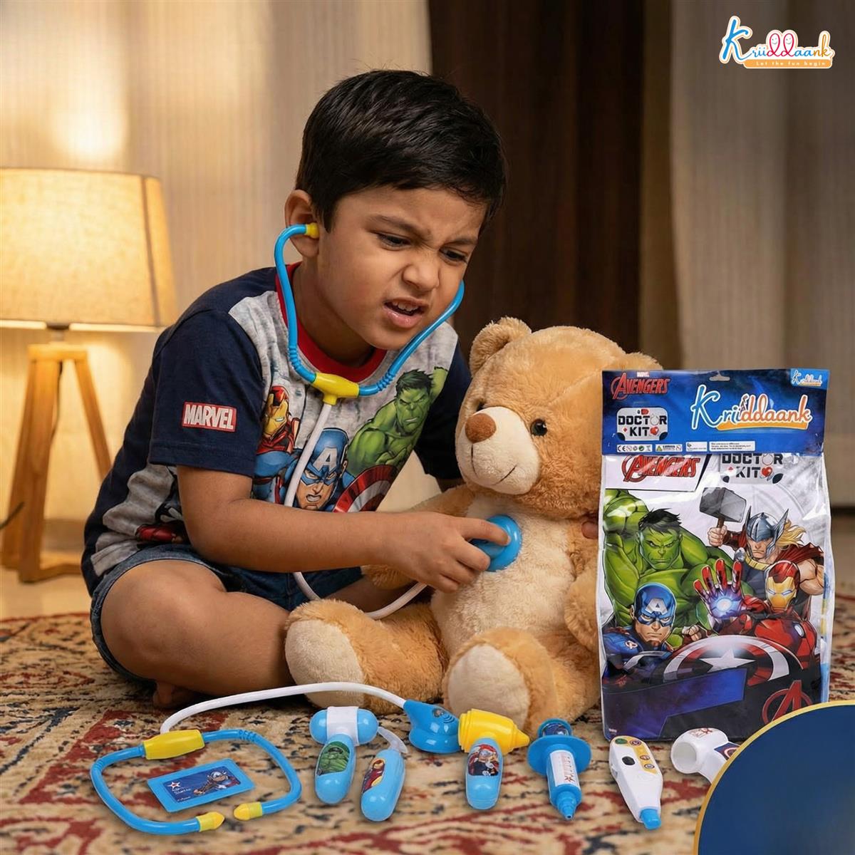 Marvel Avengers Doctor Kit with Polybag - 8 Piece Pretend Play Medical Set for Kids 3+ with Lights & Sounds, Interactive Stethoscope Superhero Toys, Fun Educational Roleplay Gift