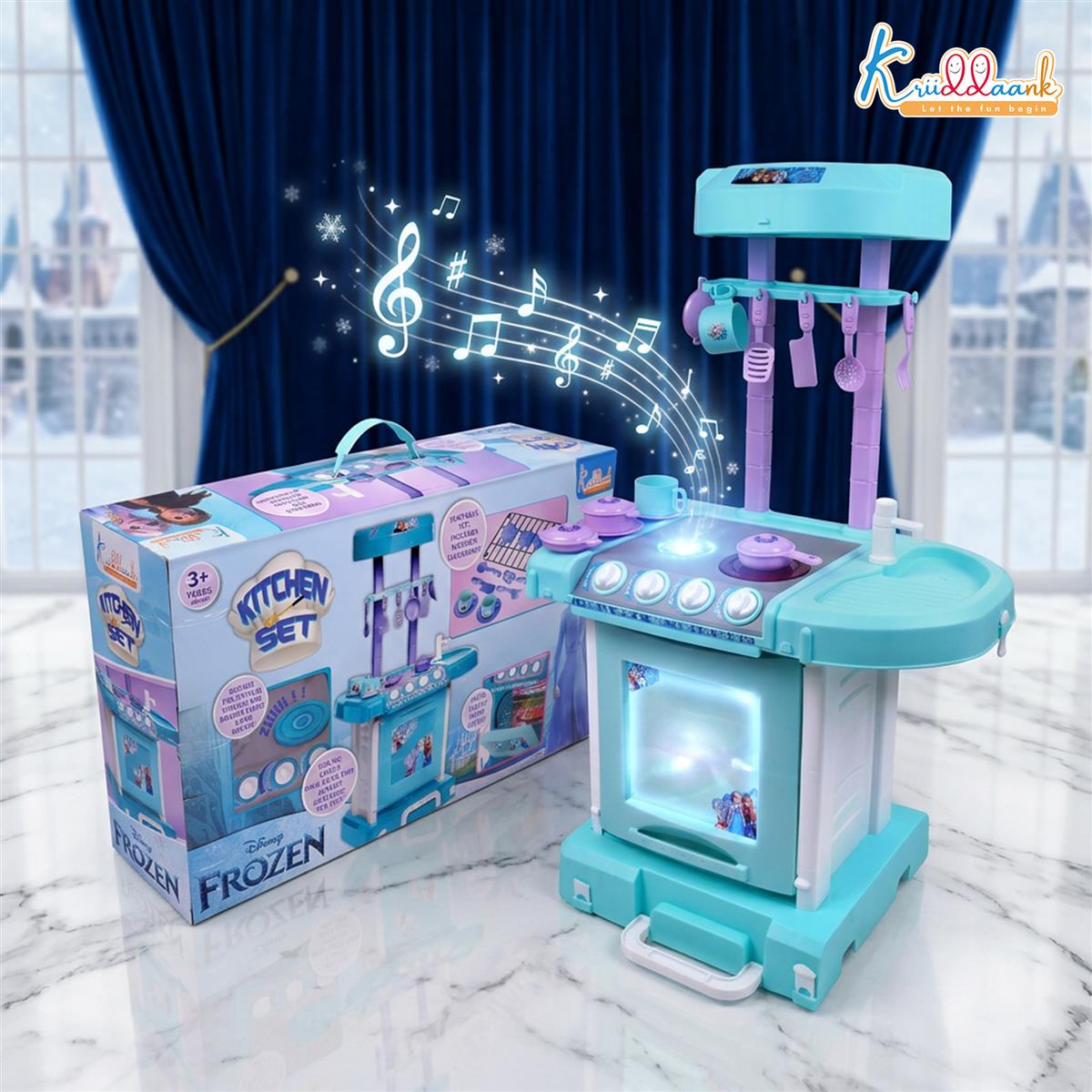 Kriiddaank Frozen Theme Kitchen Set for Kids - Interactive Cooking Playset with Oven, Sink, Lights & Sound - 18 Pcs Chef Accessories, Turkish Blue, Pretend Play Toy for Boys & Girls 3+ Years