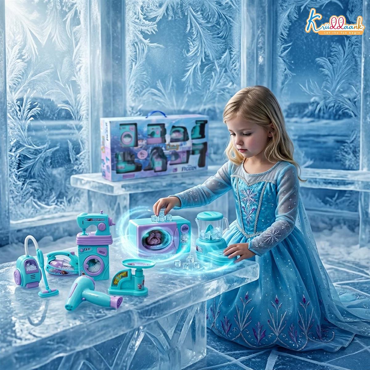 Frozen Theme 8-Piece Household Role Play Toy Set for Kids - Interactive Home Appliances Kit including Washing Machine, Vacuum, Microwave & Sewing Machine - Educational Pretend Play for Ages 3+