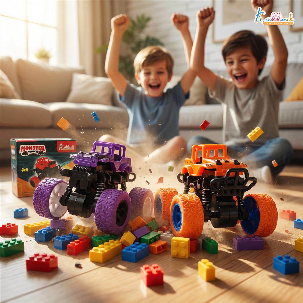 Kriddaank Pack of 2 4x4 Monster Truck for Kids - Friction Powered Stunt Cars with 360Â° Spin Action - 4WD Push and Go Toy Vehicles for Toddlers, Boys & Girls Aged 3-7 Years (Multicolor)
