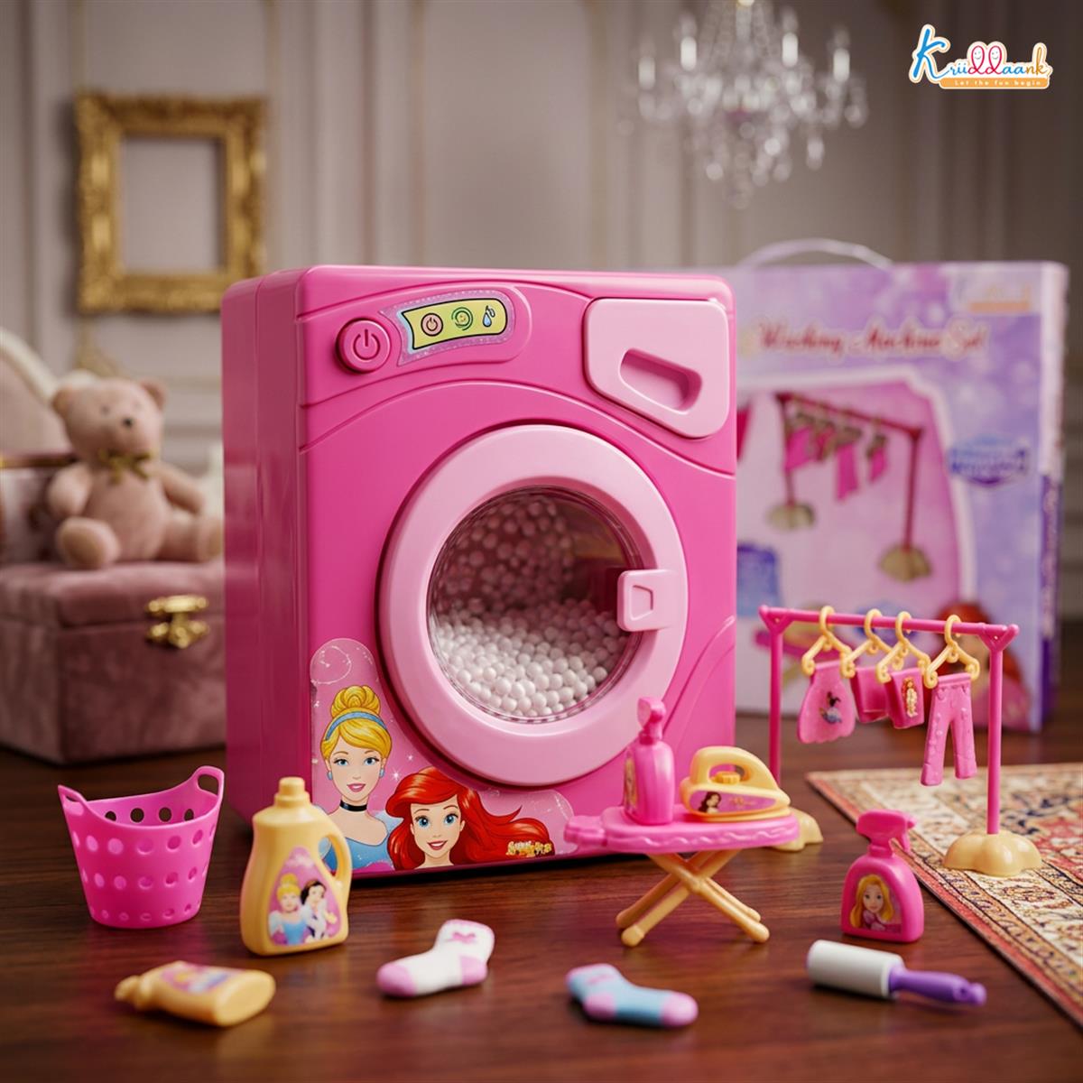 Kriiddaank Disney Princess Theme Washing Machine Toy for Toddlers, 15-Piece Pretend Play Laundry Set with Ironing Table & Accessories, Musical Interactive Toy for Kids 3+ Years (Pink)