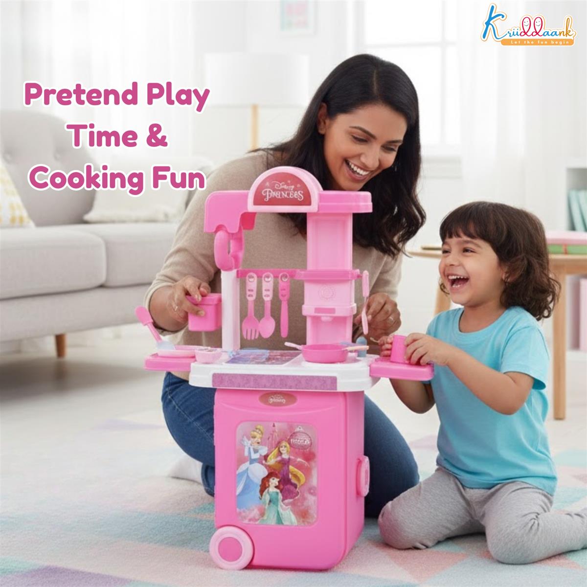 Kriiddaank Disney Princess Kitchen Set - 20 Pcs Portable Pretend Play Toy with Trolley Bag, Music & Lights, Cooking & Baking Playset for Girls Ages 3+, Pink