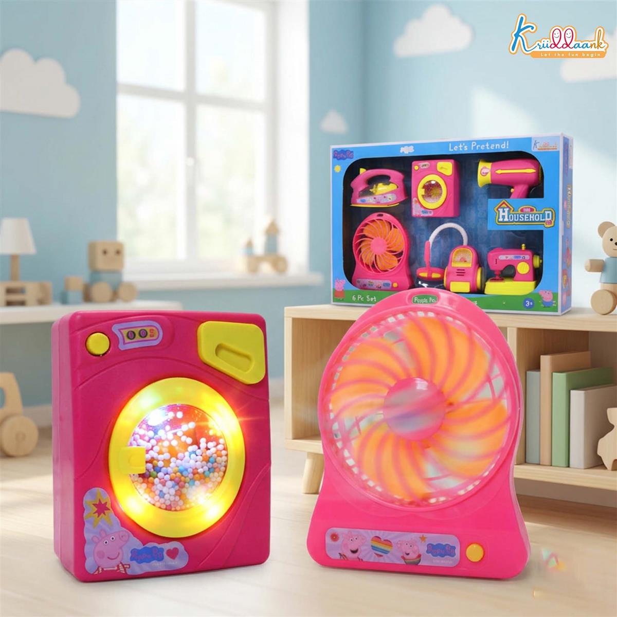 Peppa Pig Mini Household Toys 6-Piece Set for Kids | Includes Washing Machine, Sewing Machine, Vacuum, Fan, Hair Dryer & More | Battery Operated with Lights & Motion | Role Play Set for Ages 3+