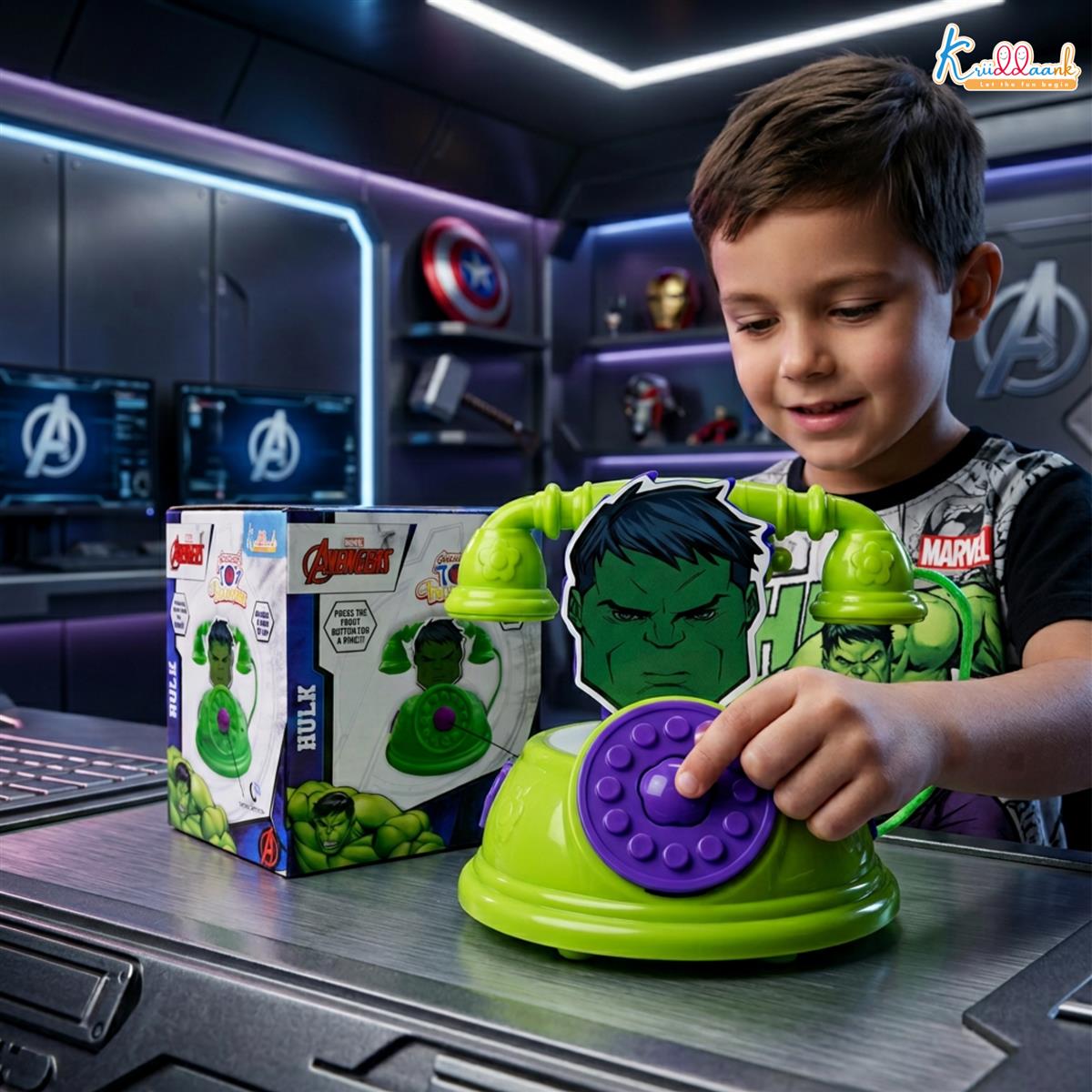 Marvel Hulk Theme Toy Telephone for Kids - Superhero Play Phone with Sound Effects & Music | Interactive Educational Learning Toy for Toddlers 3+ Years Old | Safe & Durable Marvel Avengers Gift