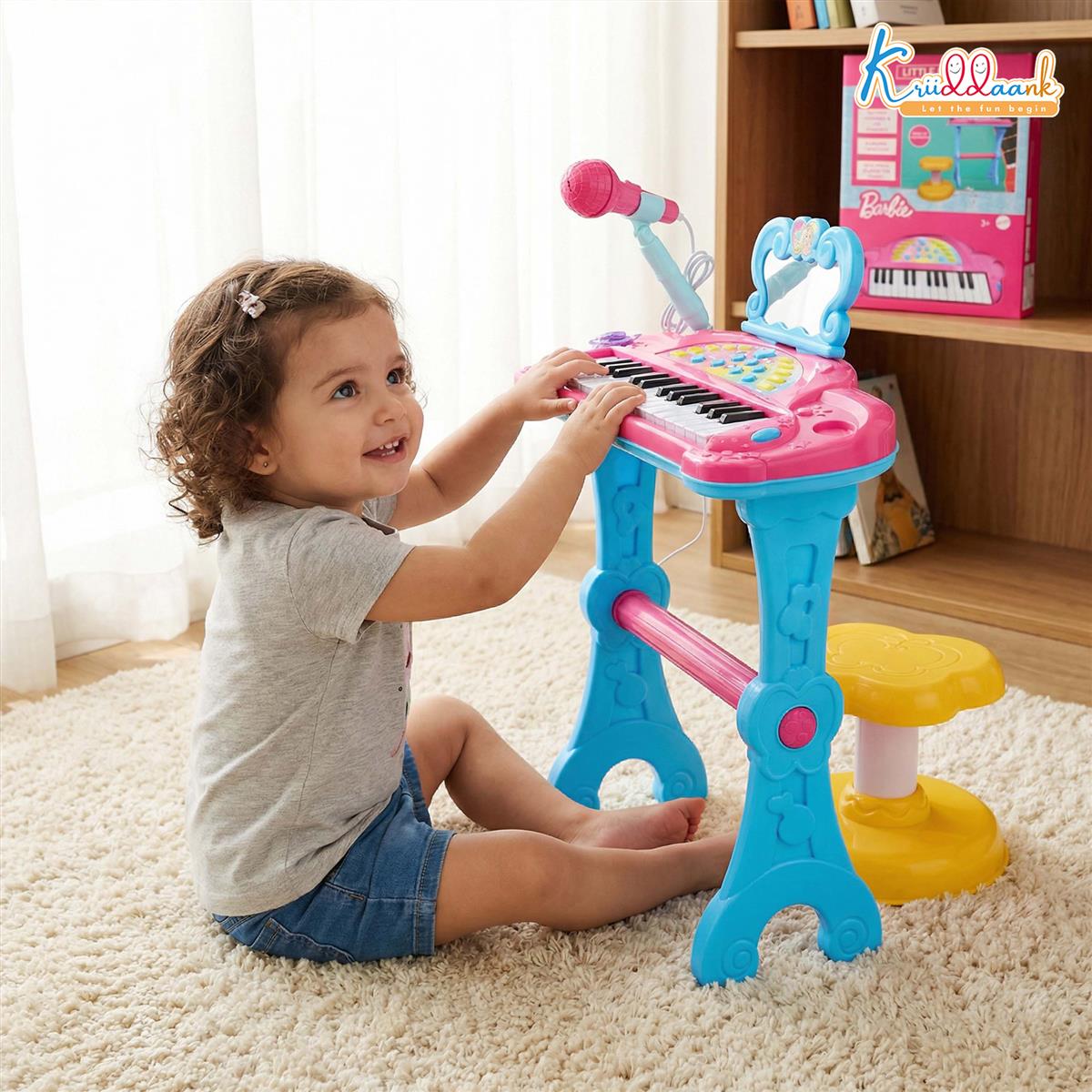 Mattel Barbie Theme Little Pianist Keyboard with Microphone & Stool - Dual Power (USB/Battery), Karaoke Mode, 25 Inbuilt Tunes - Pink Musical Toy for Girls 3+ Years
