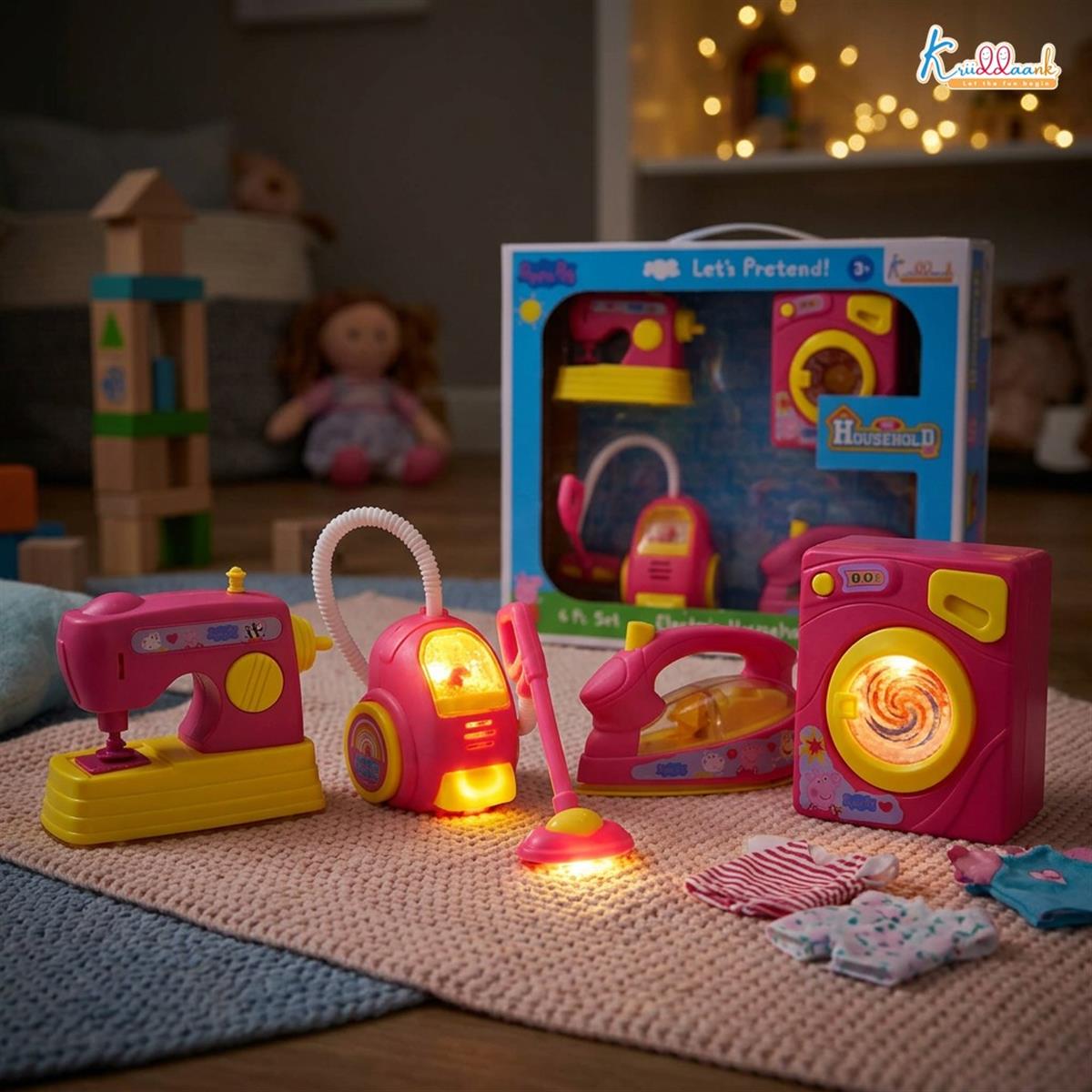 Hasbro Peppa Pig Theme Household 4-Piece Role Play Set - Toy Washing Machine, Vacuum Cleaner, Iron & Hair Dryer with Lights - Educational Pretend Play Gift for Kids Ages 3+