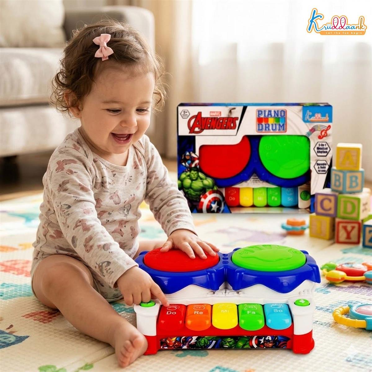 Marvel Avengers 2-in-1 Piano Drum Musical Toy for Kids | Interactive Electric Instrument with 3D Lights & Music | Educational Birthday Gift for Boys & Girls 3+ Years | Durable & Safe Play