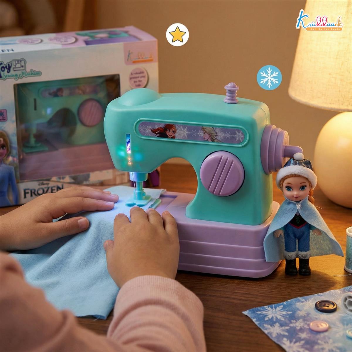 Kriiddaank Frozen Theme Mini Sewing Machine Toy for Kids - Battery Operated Pretend Play Home Appliance with Interactive Buttons, Educational Role Play Toy for Girls Ages 3+, Turkish Blue