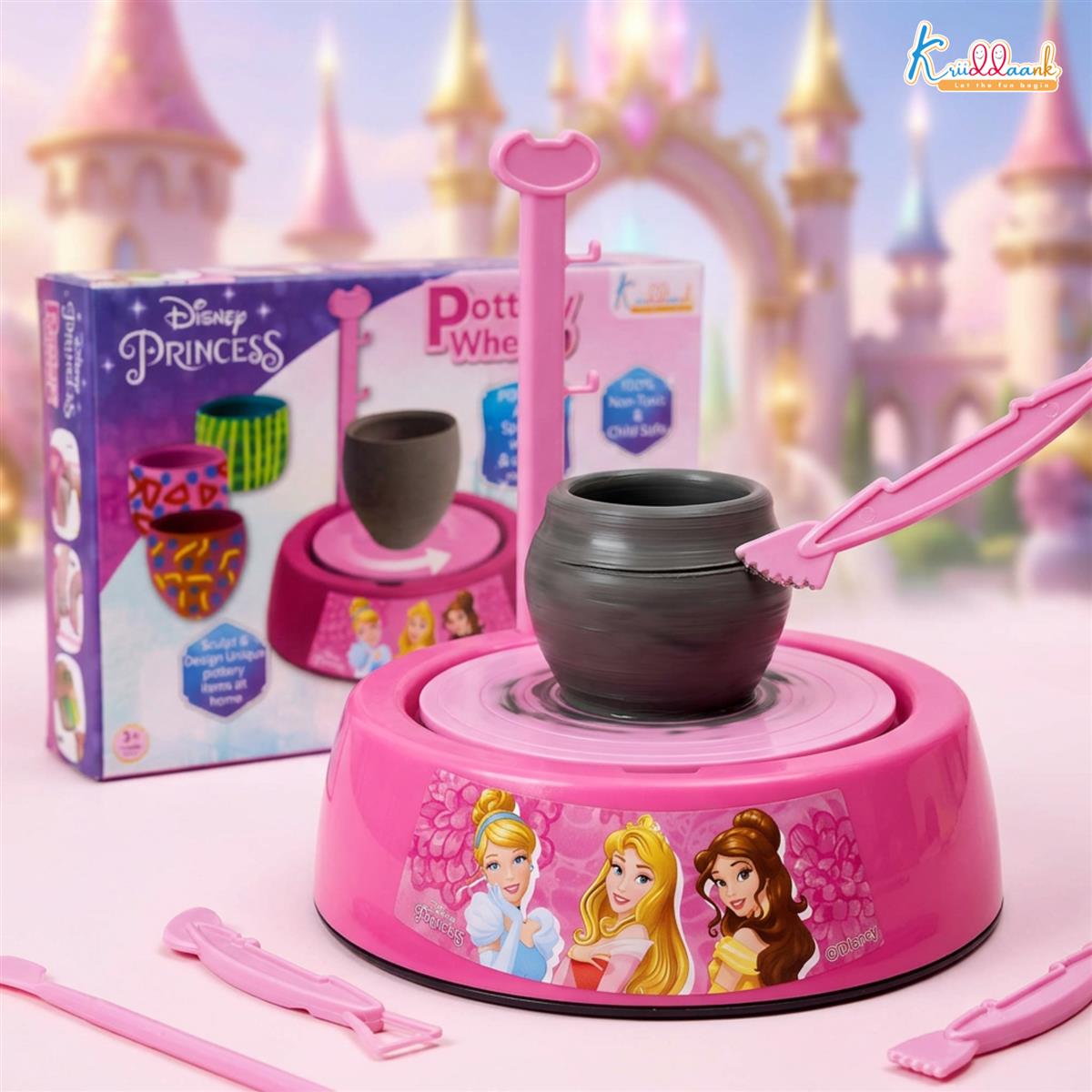 Disney Princess Theme Pottery Wheel Kit - Complete Fairy Tale Clay Art & Crafts Set with 800g Clay, 6 Acrylic Paints, Sculpting Tools & Music - Creative DIY Pottery Studio for Girls 8+ Years