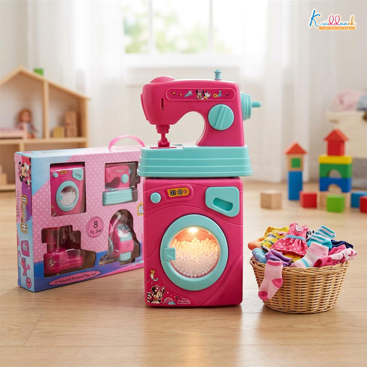 Minnie Mini Household Set (6pcs) - Battery Operated Hair Dryer, Vacuum Cleaner, Washing Machine, Iron, Sewing Machine & Fan - Educational Pretend Play Toy for Girls, Safe & Interactive Pink Toy Set