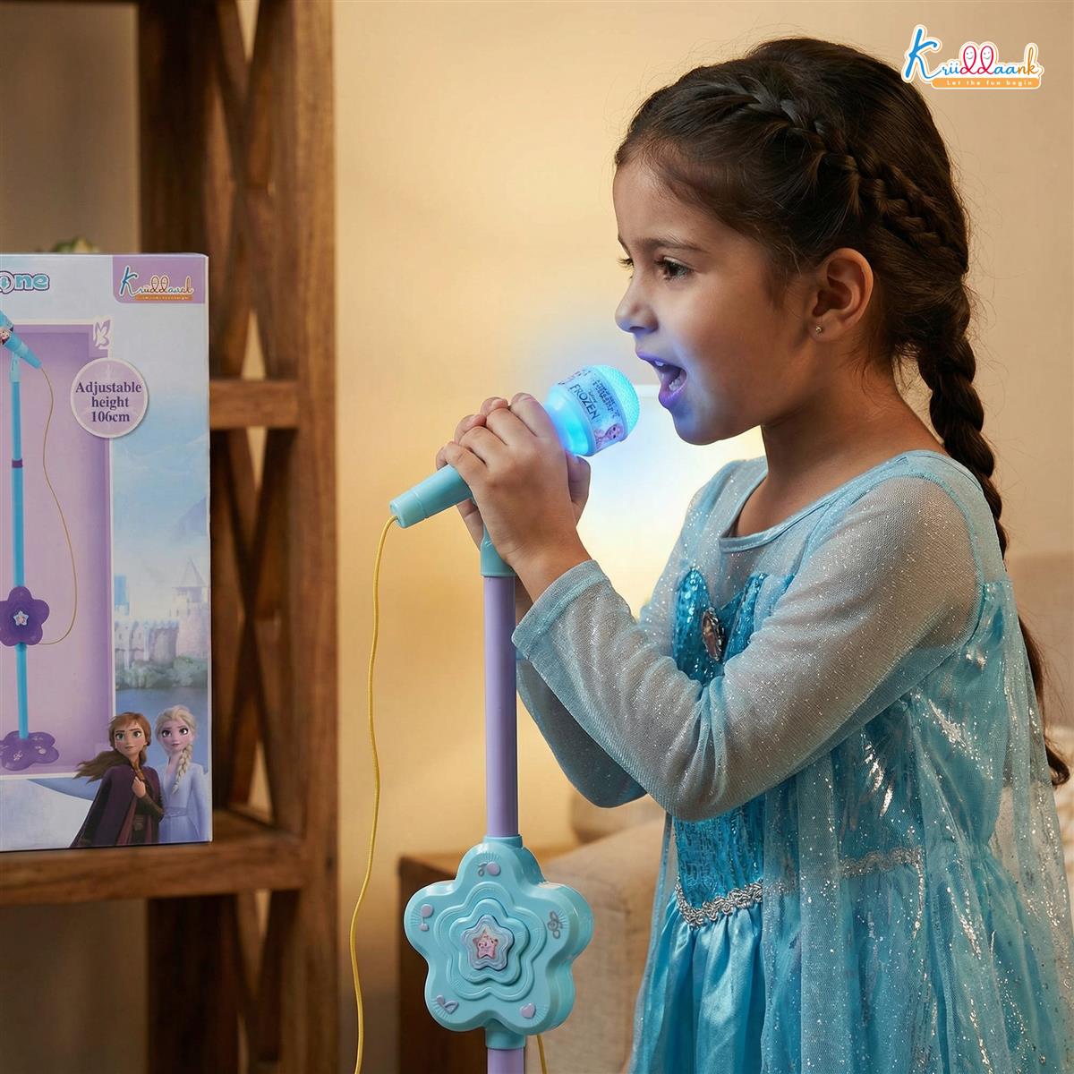 Kriiddaank Frozen Theme Karaoke Microphone with Adjustable Stand for Kids - Elsa & Anna Portable Wireless Singing Toy, Bluetooth & USB Connectivity, Educational Music Toy for Girls & Boys Ages 3+