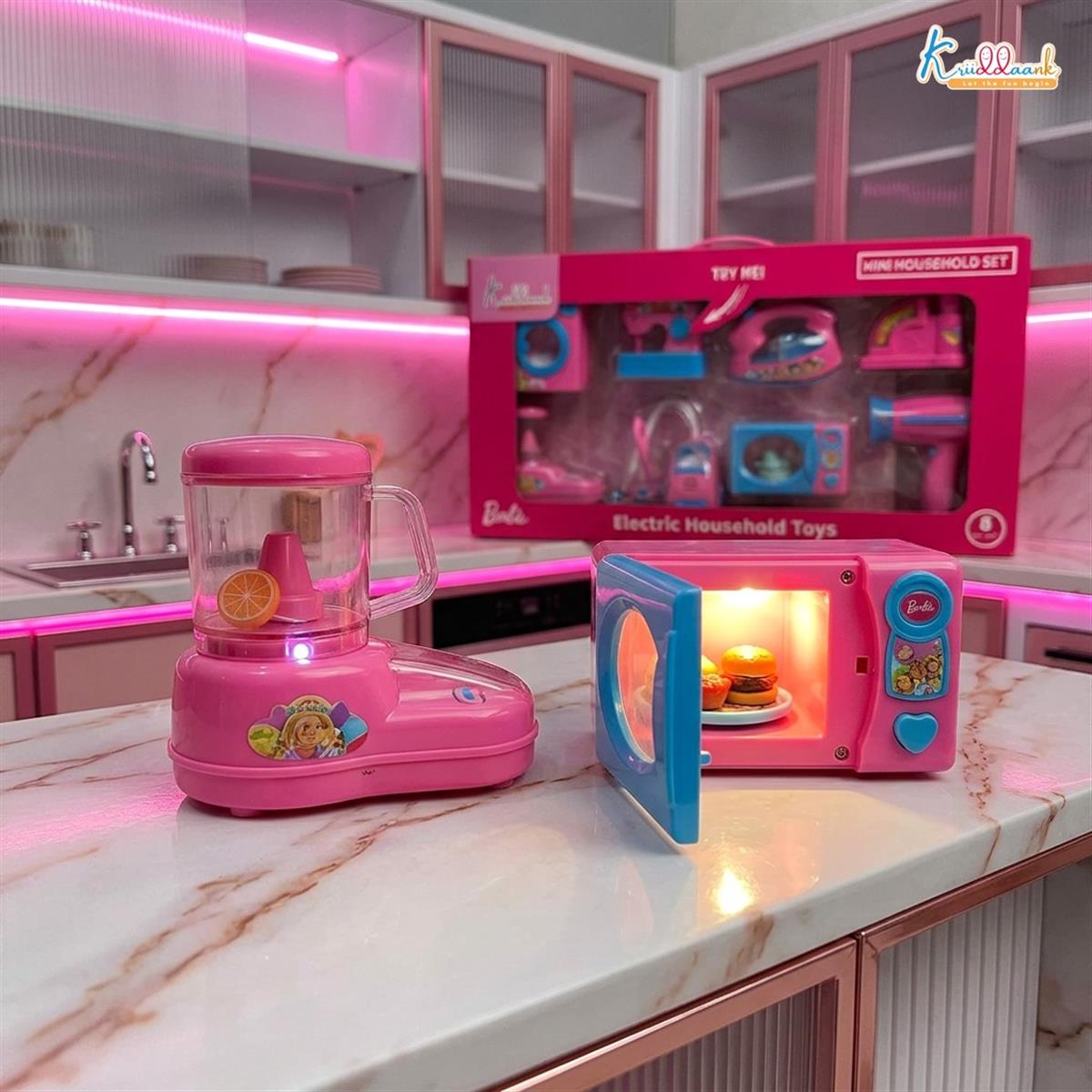 Mattel Barbie Theme Household Role Play Set (8pc) - Mini Toy Appliances with Washing Machine, Microwave & Vacuum Cleaner | Fun Educational Gift for Kids Ages 3+ | Signature Pink Collection
